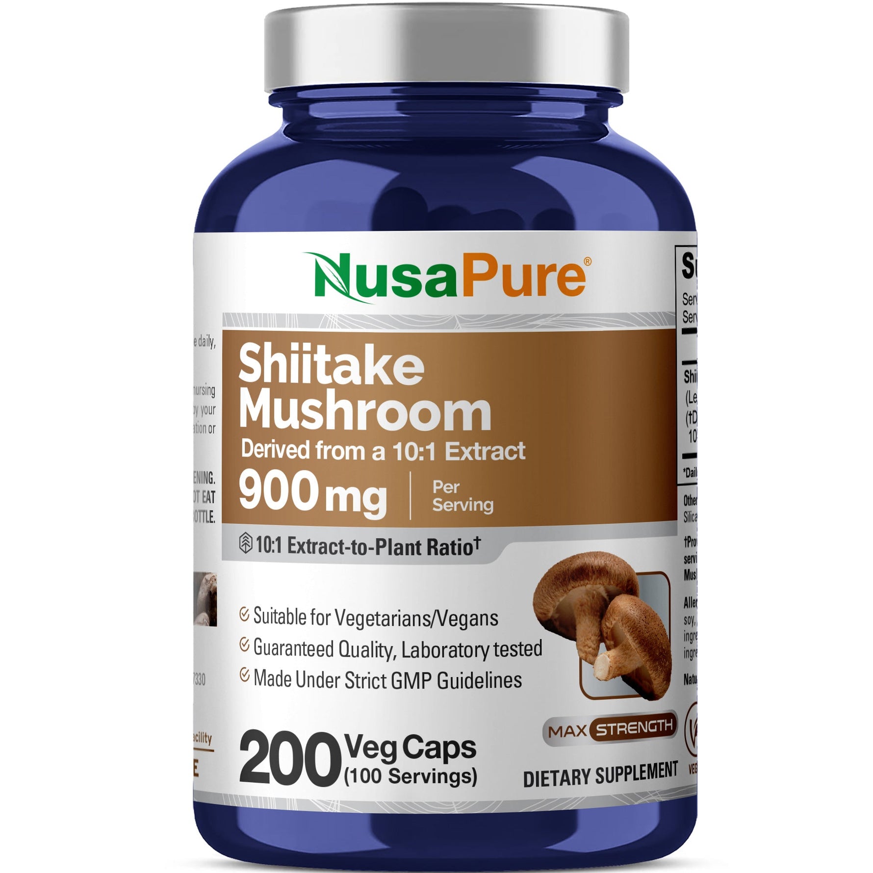 NusaPure Shiitake Mushroom 10:1 Extract, 900 mg 200 Veggie Capsules (Non-GMO, Vegan)