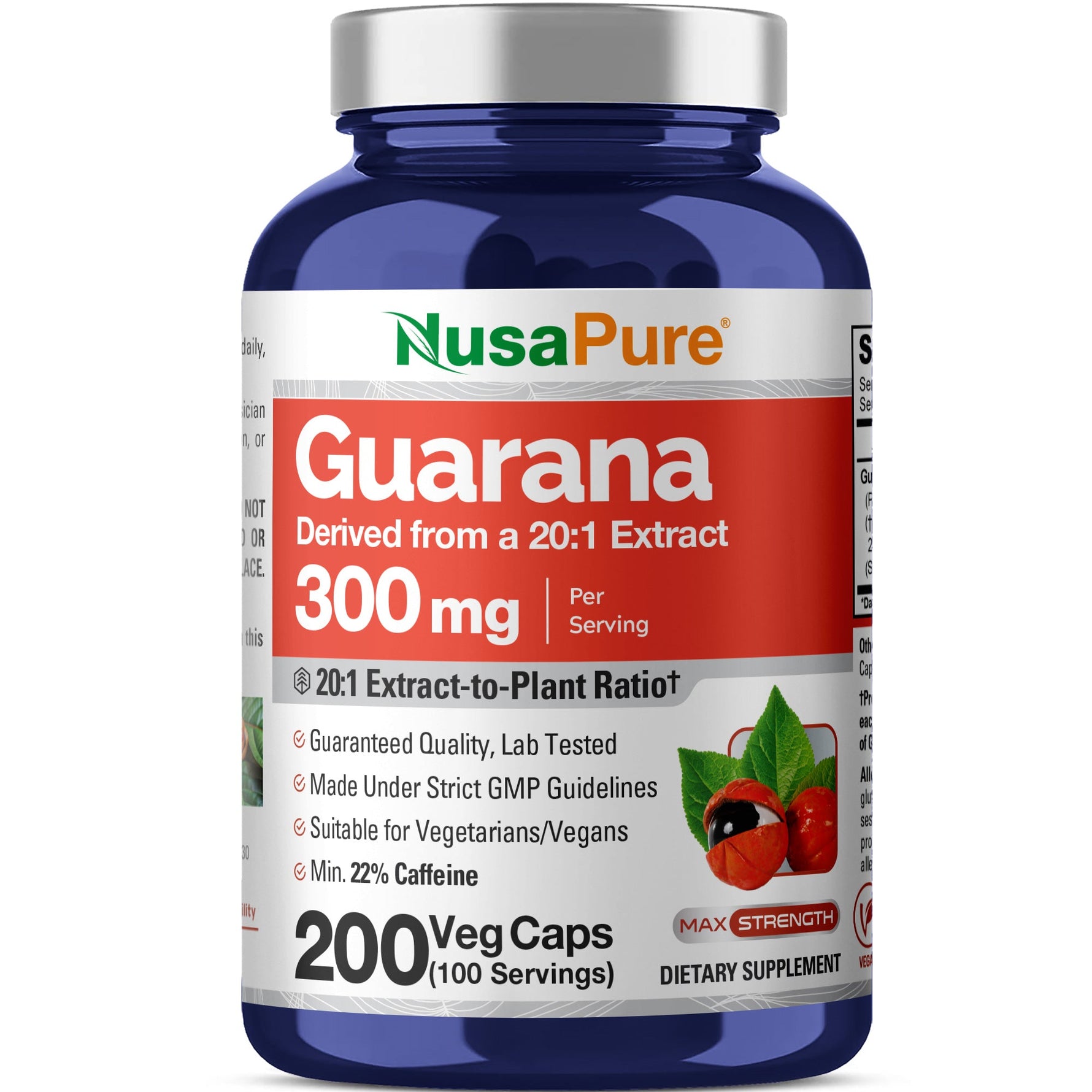 NusaPure Guarana Extract 20:1 Extract, 300 mg per Veggie Caps 200 Count (Non-GMO, Vegan)