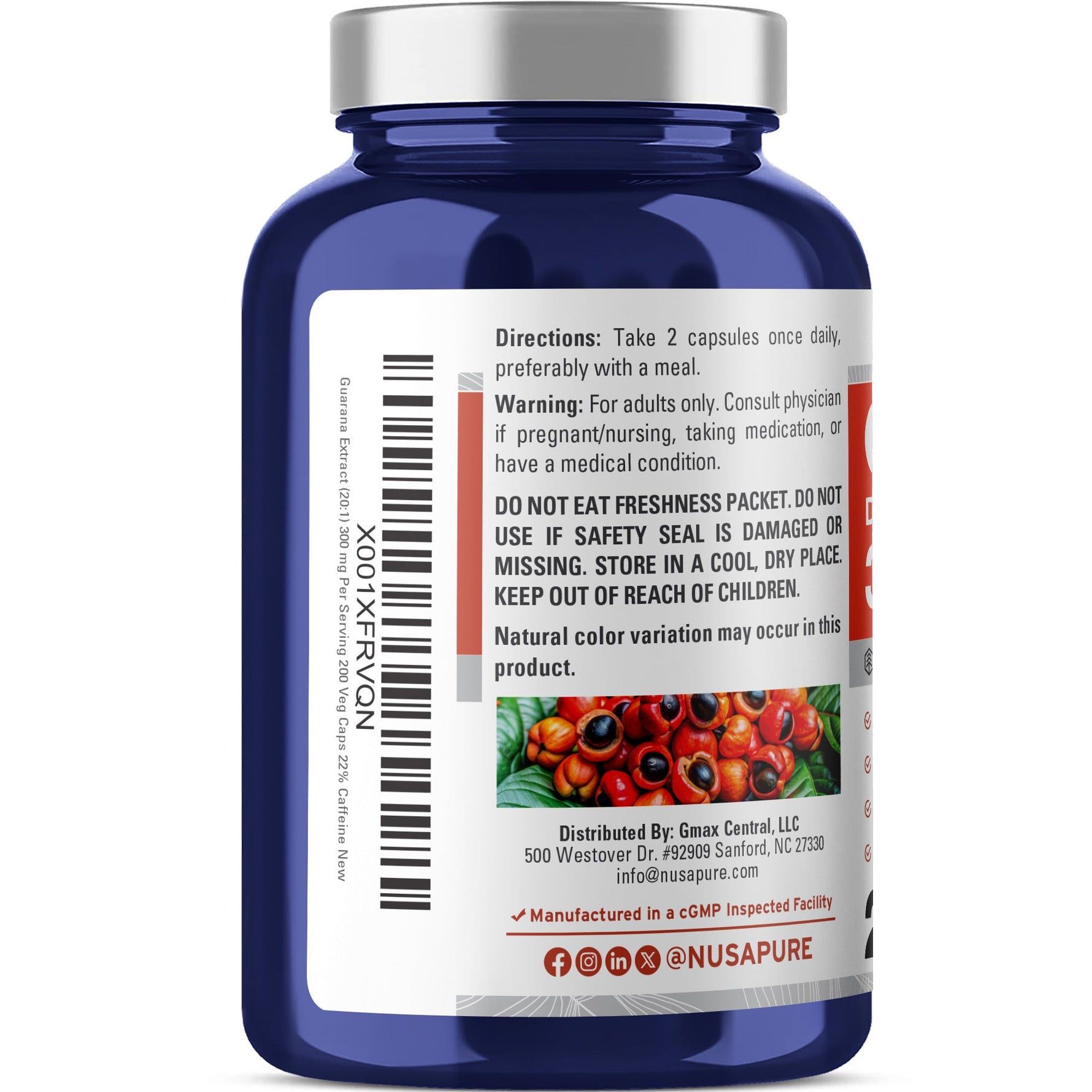 NusaPure Guarana Extract 20:1 Extract, 300 mg per Veggie Caps 200 Count (Non-GMO, Vegan)