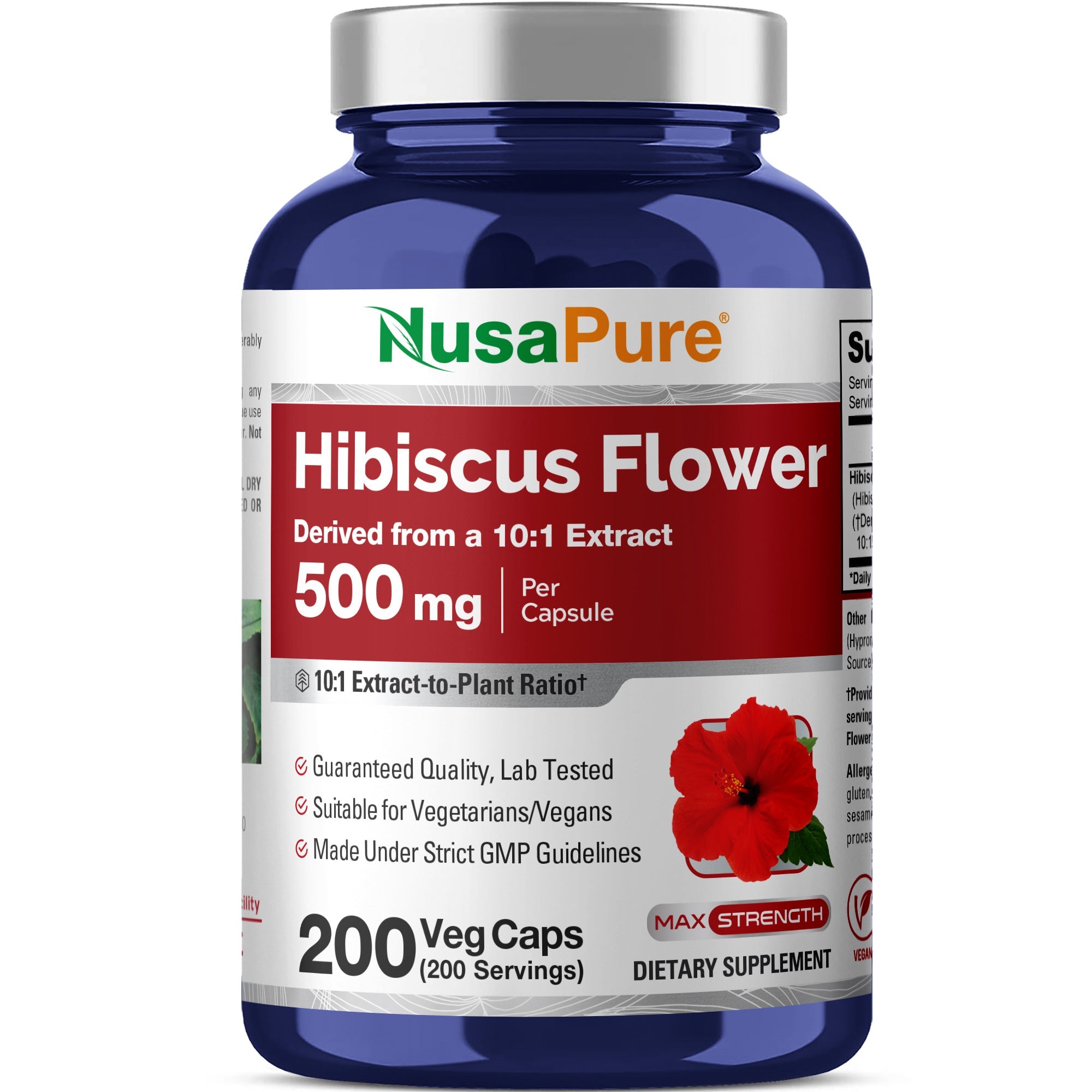 NusaPure Hibiscus Flower 10:1 Extract, 500 mg 200 Vegetarian Caps (Non-GMO, Vegan)