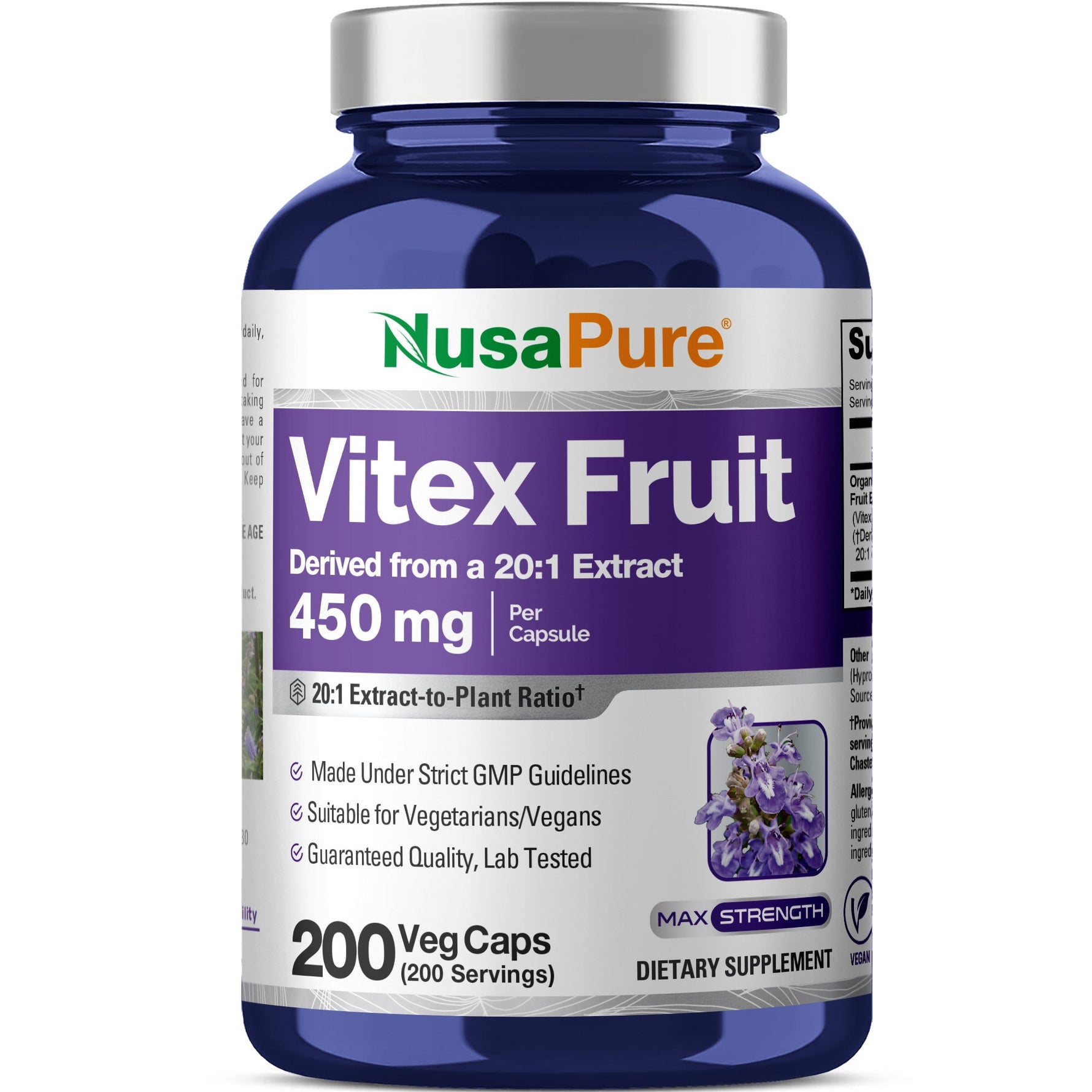 NusaPure Vitex Chasteberry Fruit 20:1 Extract, 450 mg mg 200 Vegan Capsules - Non-GMO, Vegan Dietary Supplement