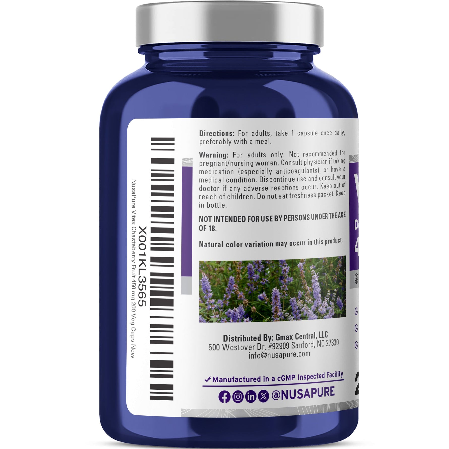 NusaPure Vitex Chasteberry Fruit 20:1 Extract, 450 mg mg 200 Vegan Capsules - Non-GMO, Vegan Dietary Supplement