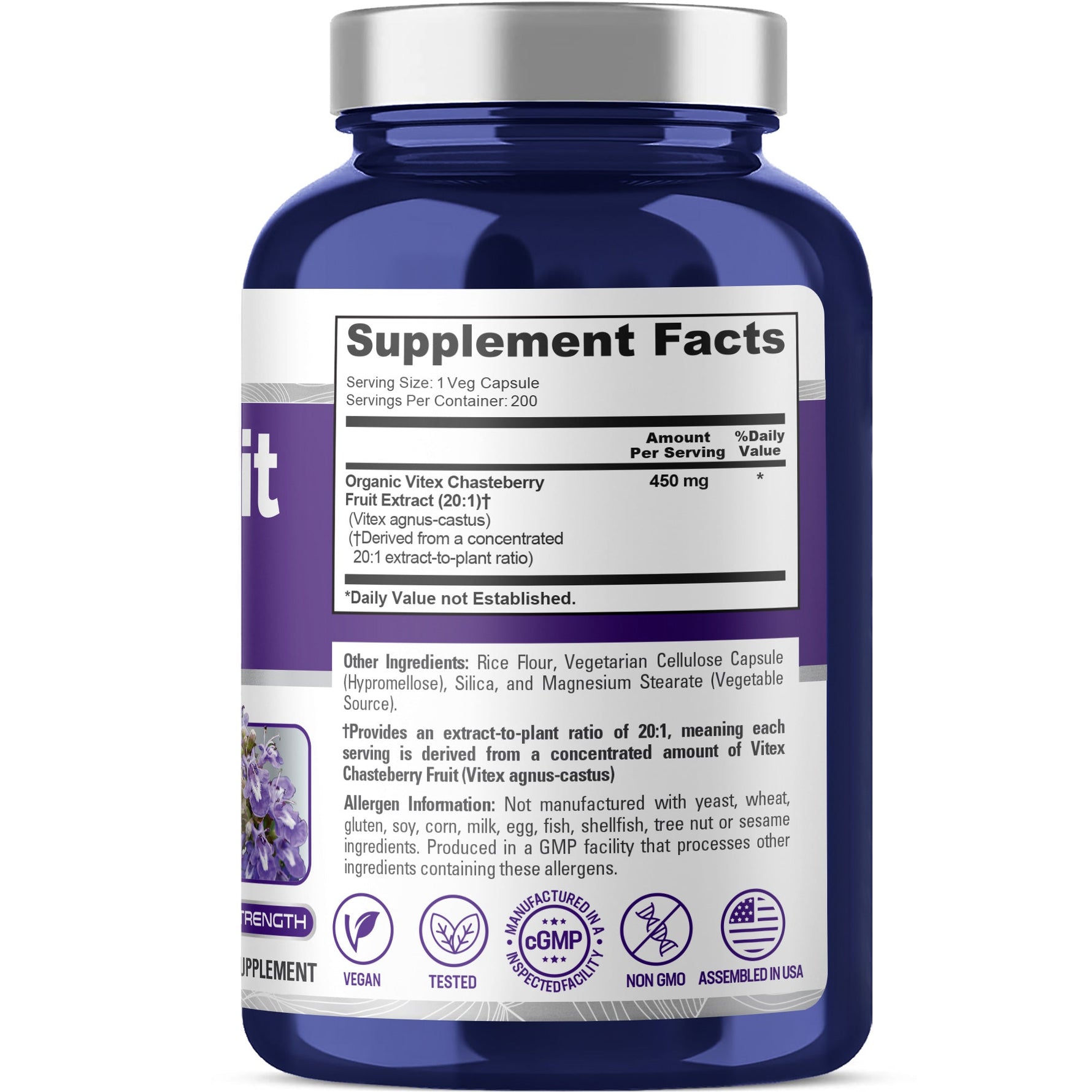 NusaPure Vitex Chasteberry Fruit 20:1 Extract, 450 mg mg 200 Vegan Capsules - Non-GMO, Vegan Dietary Supplement