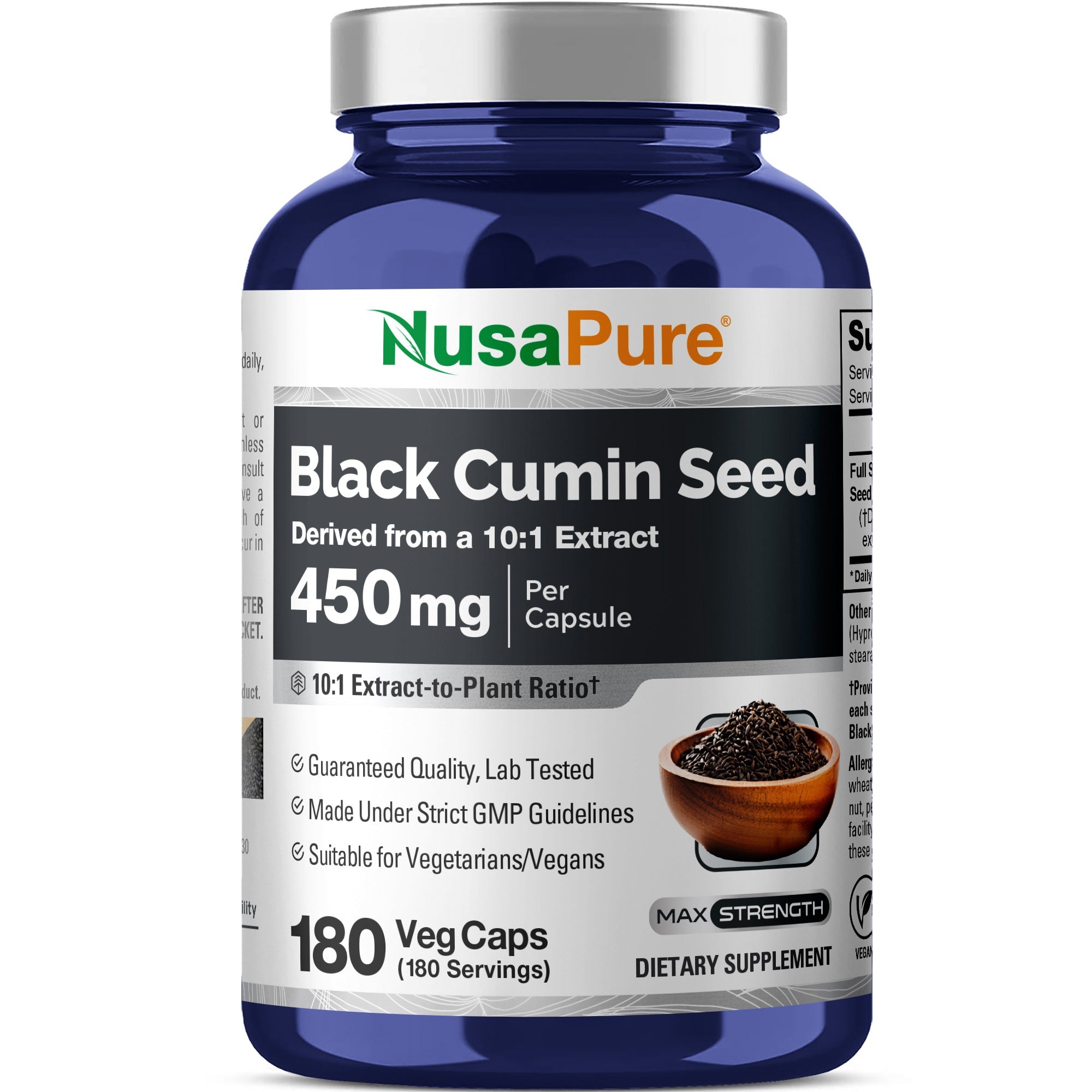 NusaPure Full Spectrum Black Cumin Seed 10:1 Extract, 450 mg 180 Veggie Powder Caps Non-GMO, Vegan Non-Oily