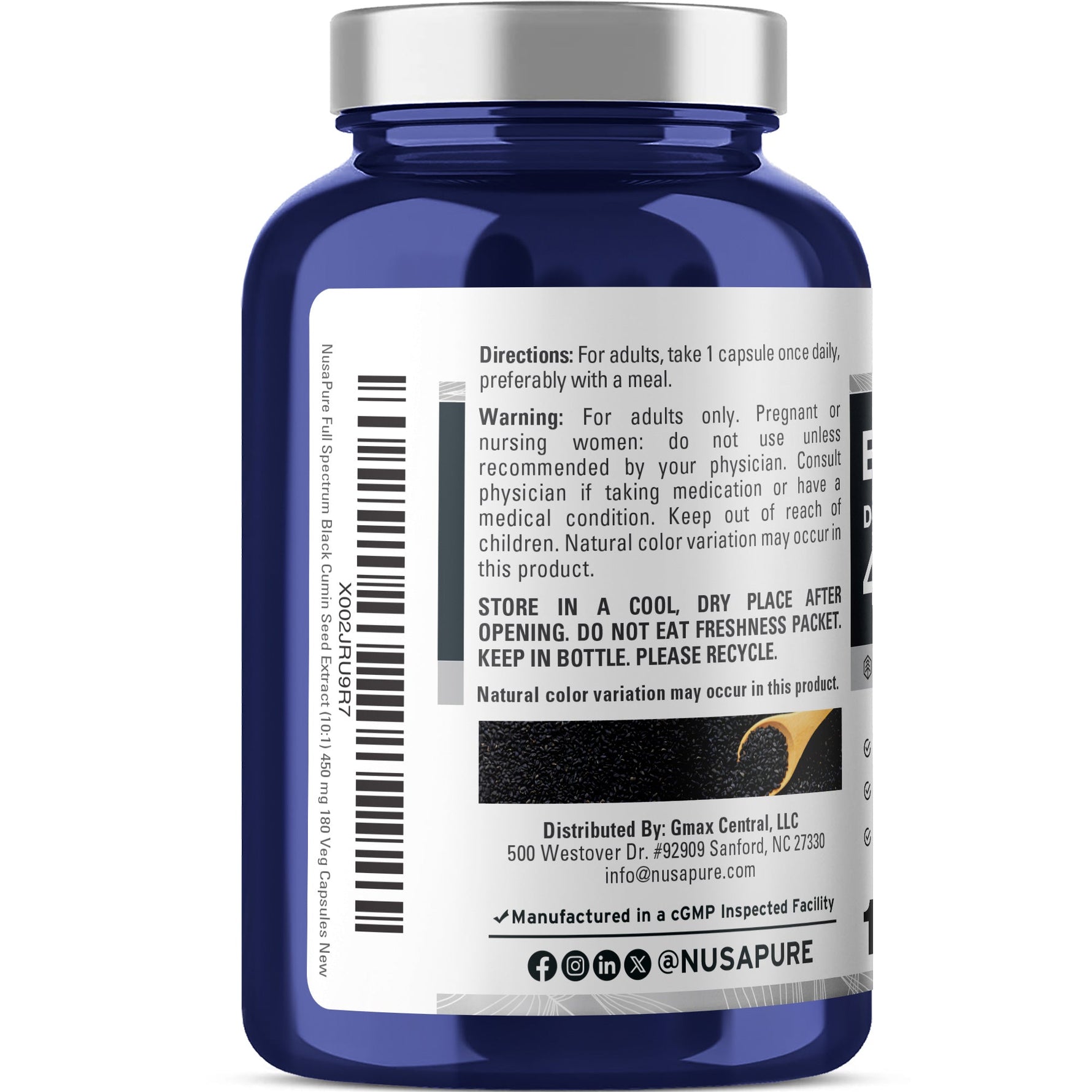 NusaPure Full Spectrum Black Cumin Seed 10:1 Extract, 450 mg 180 Veggie Powder Caps Non-GMO, Vegan Non-Oily