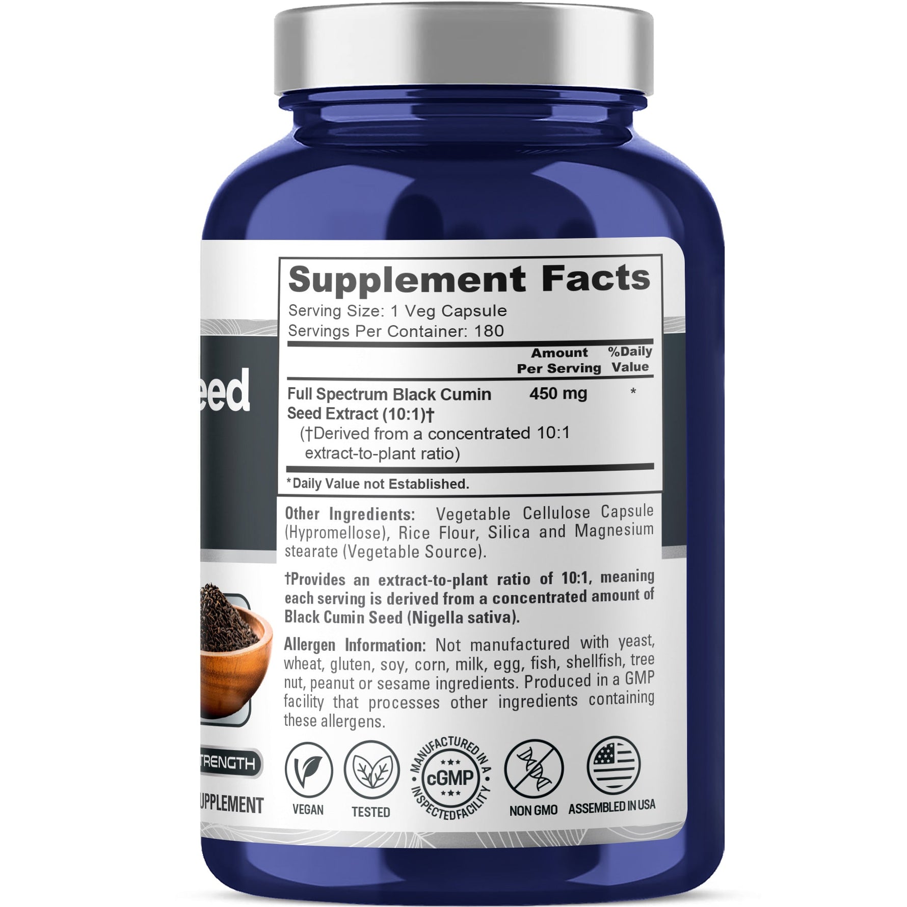 NusaPure Full Spectrum Black Cumin Seed 10:1 Extract, 450 mg 180 Veggie Powder Caps Non-GMO, Vegan Non-Oily