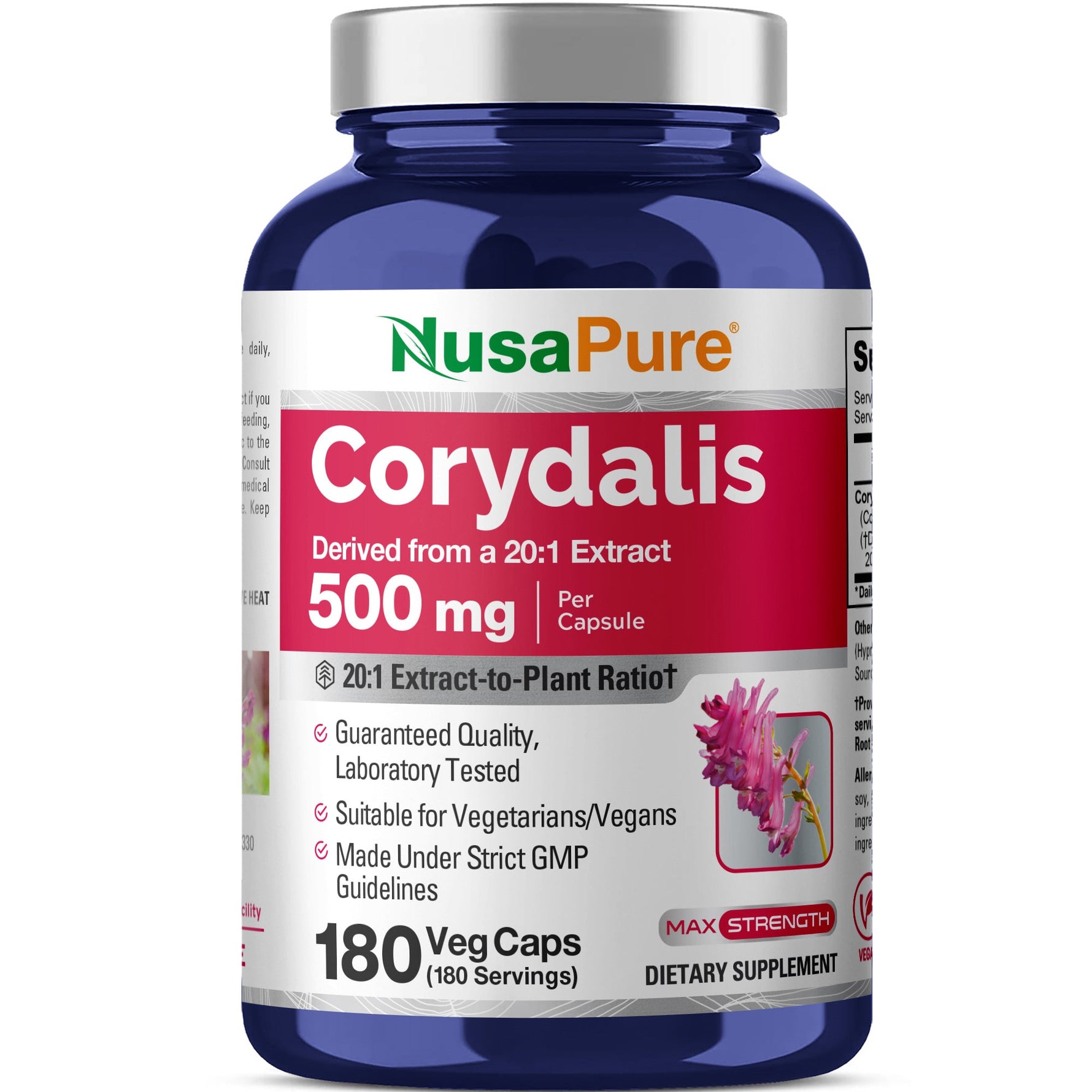 NusaPure Corydalis Root Extract 20:1 - Suitable for Vegetarian/Vegan, Non - GMO - 500 mg - 180 Capsules
