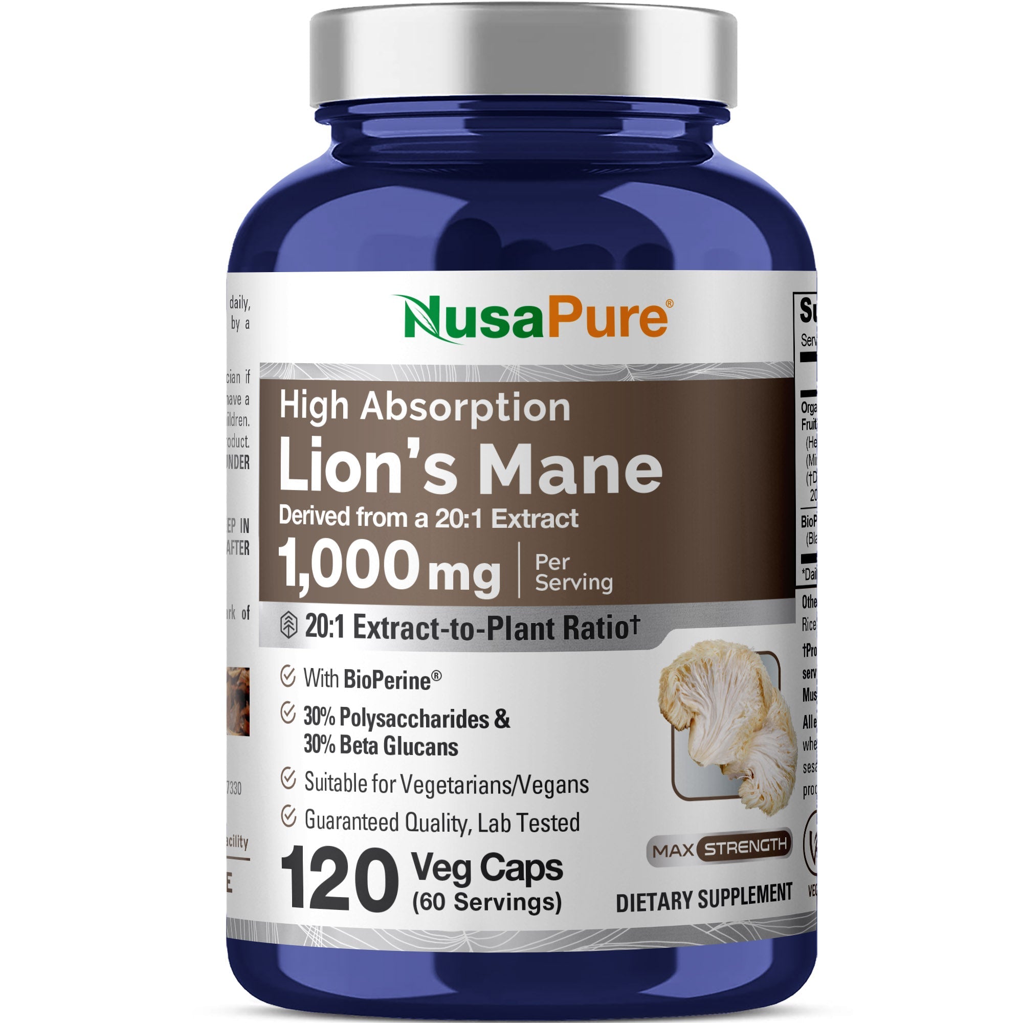 NusaPure Lions Mane 20:1 Extract 1000mg - Made with Organic Lion`s Mane, Bioperine - 30% Polysaccharides - 120 Veggie Caps. Non-GMO, Gluten Free