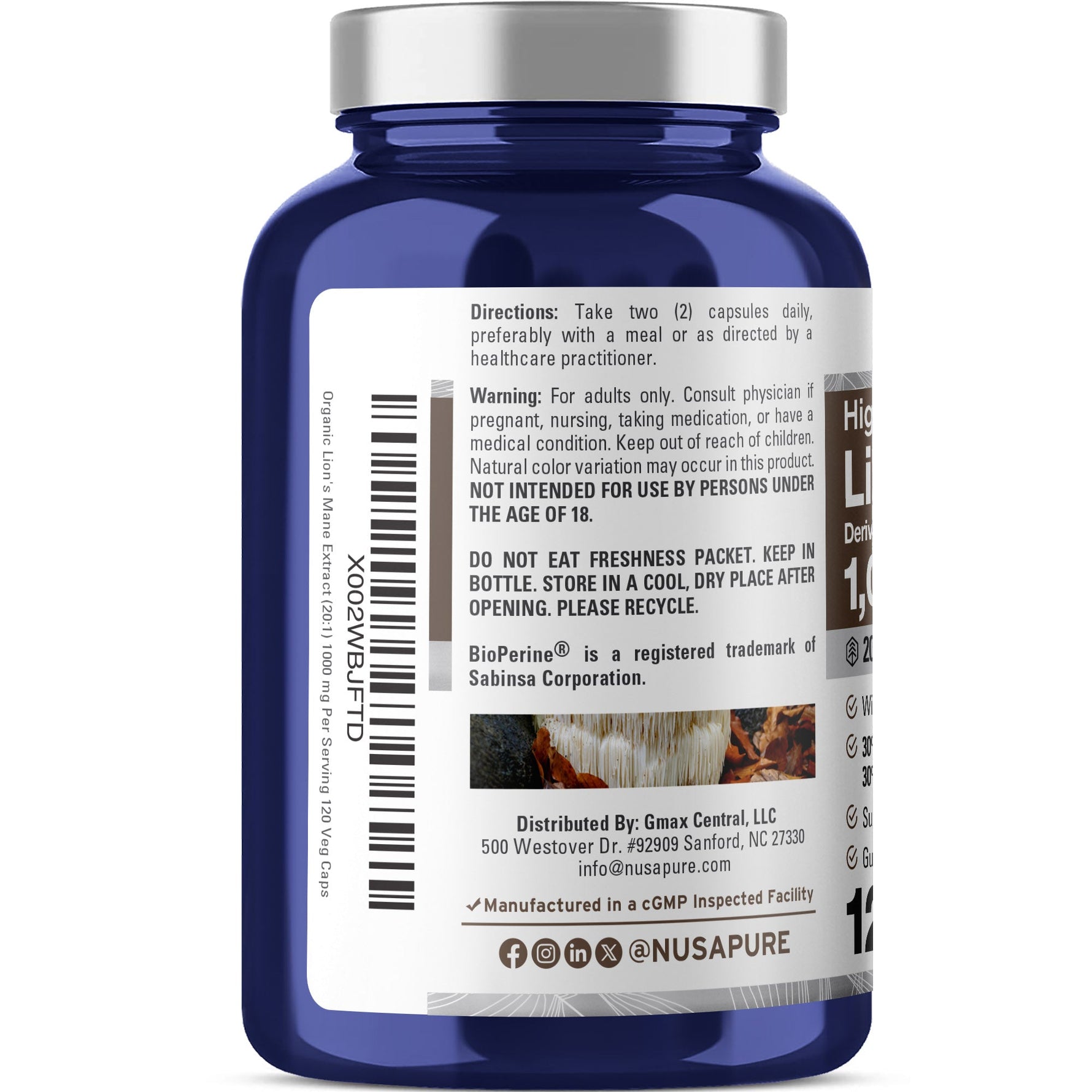 NusaPure Lions Mane 20:1 Extract 1000mg - Made with Organic Lion`s Mane, Bioperine - 30% Polysaccharides - 120 Veggie Caps. Non-GMO, Gluten Free