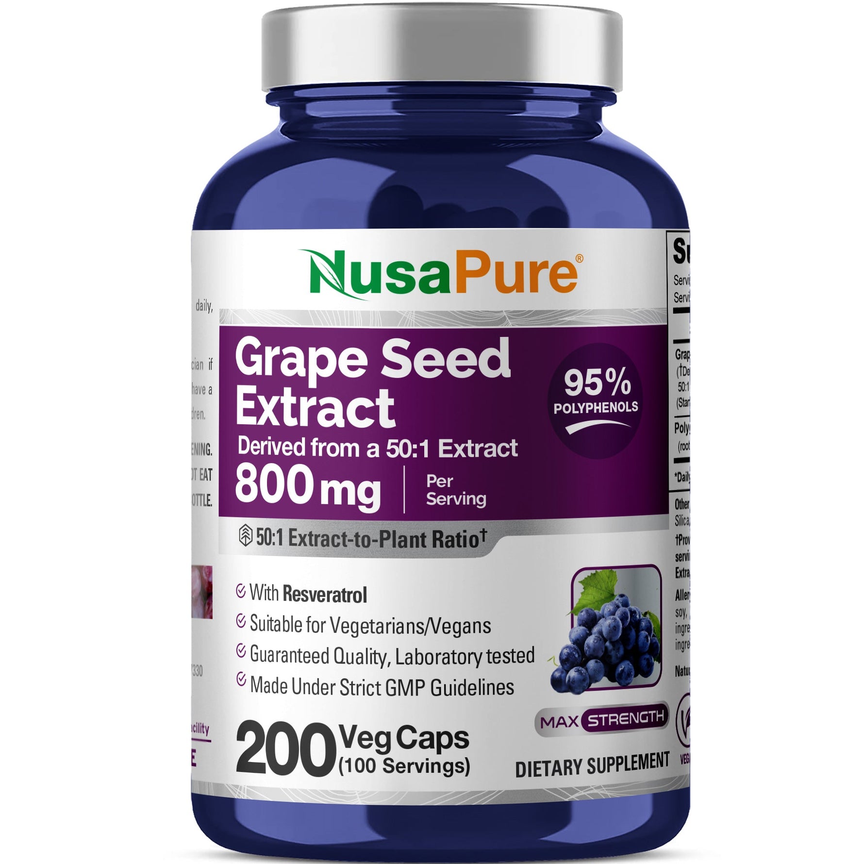 NusaPure Grape Seed Extract 800mg per Caps, 200 Vegan Capsules, Standardized, Non-GMO, Gluten Free, Resveratrol