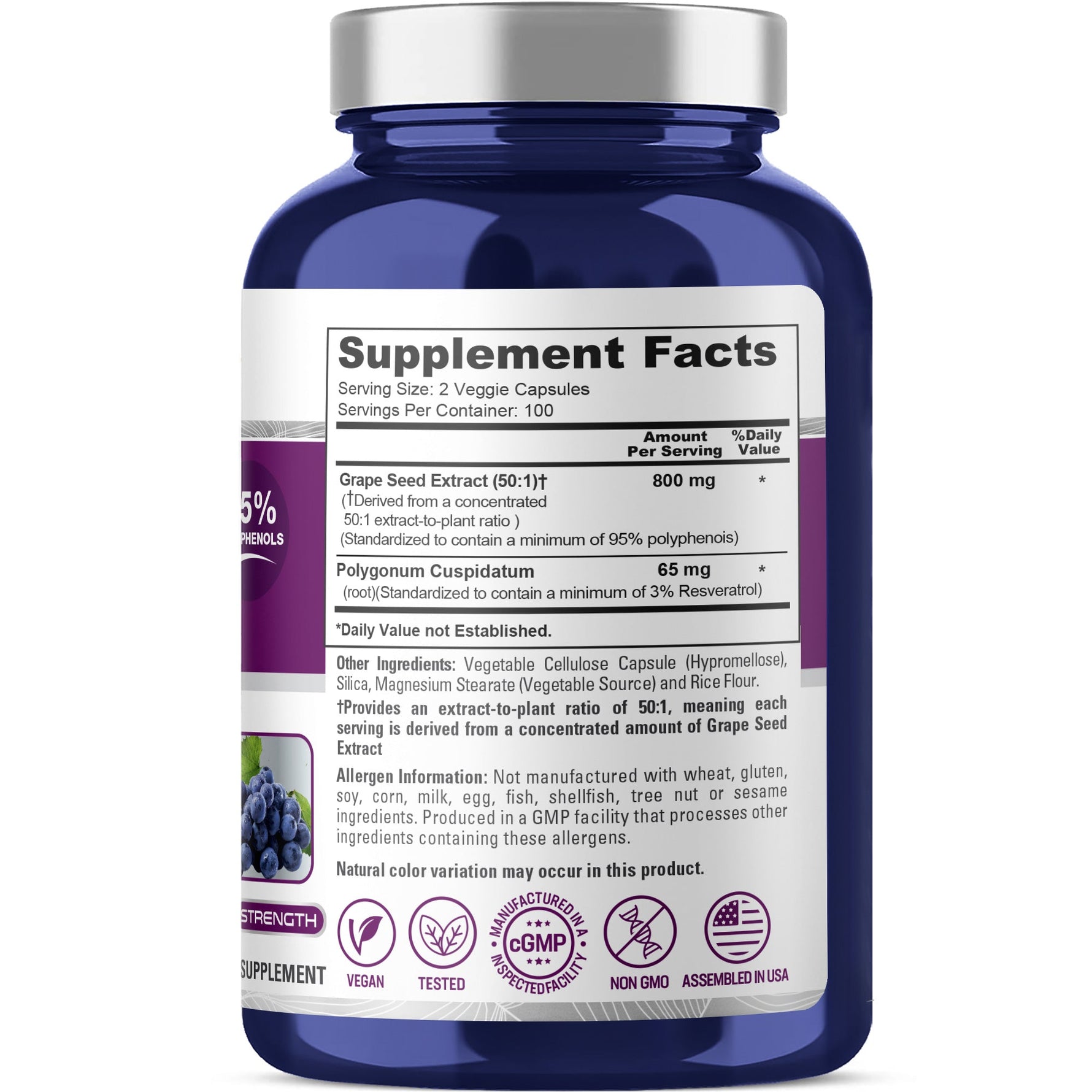 NusaPure Grape Seed Extract 800mg per Caps, 200 Vegan Capsules, Standardized, Non-GMO, Gluten Free, Resveratrol