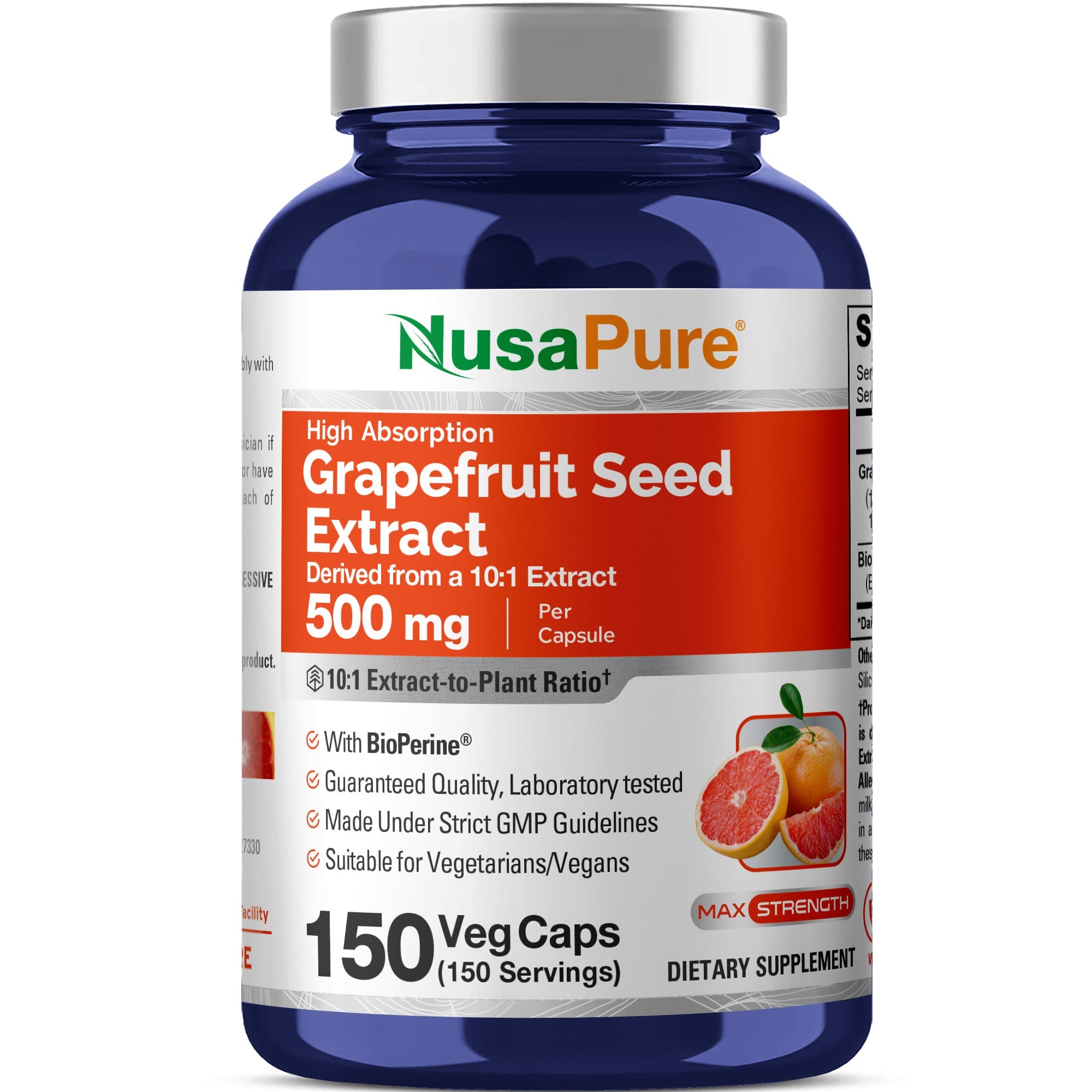 NusaPure Grapefruit Extract 500 mg per Capsule (Extract 10:1) Bioperine 150 Veggie caps (Gluten Free & Non-GMO)