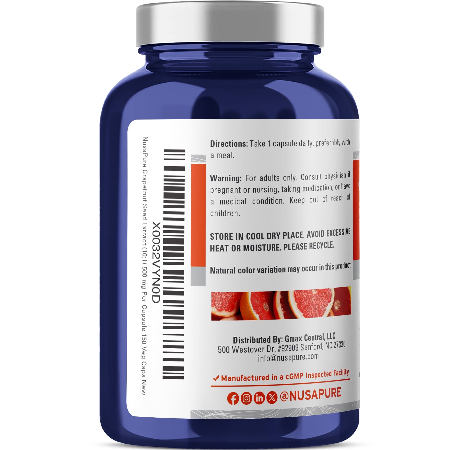 NusaPure Grapefruit Extract 500 mg per Capsule (Extract 10:1) Bioperine 150 Veggie caps (Gluten Free & Non-GMO)