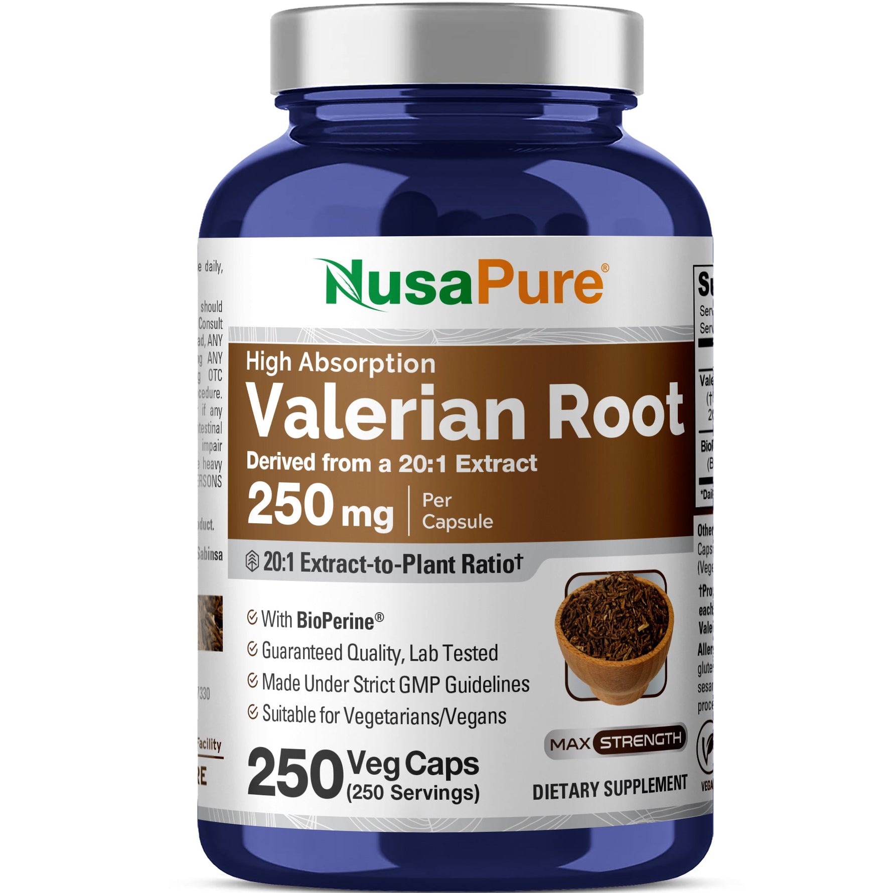 NusaPure Valerian Root 20:1 Extract, 250 mg Per Veggie Caps, 250 Count, Vegan, Non-GMO, Bioperine