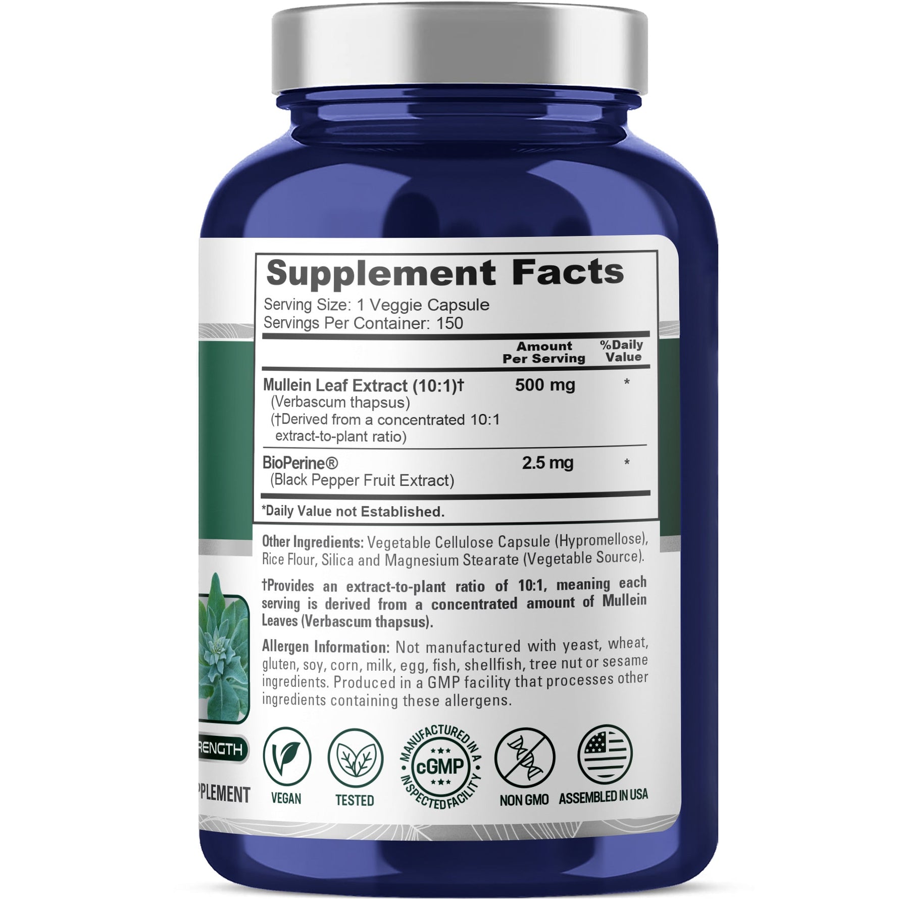 NusaPure Mullein Leaf Capsules 10:1 Extract, 500 mg per Veggie Caps - 150 Count - Verbascum Thapsus (Non-GMO, Vegan) Dietary Supplement