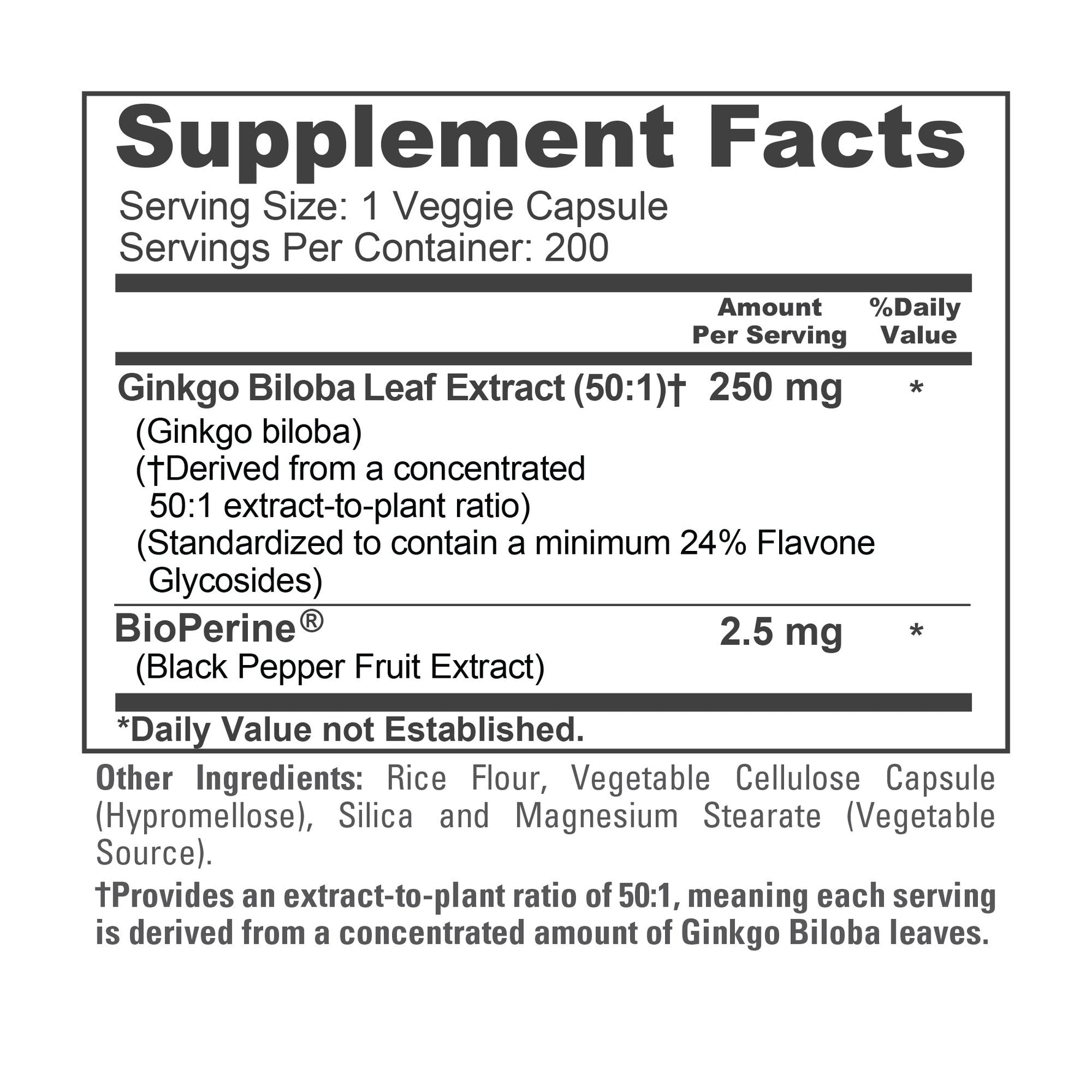 NusaPure Ginkgo Biloba 50:1 Extract, 250 mg per Veggie Caps 200 Capsules (Vegetarian, Non-GMO, Vegan) Bioperine