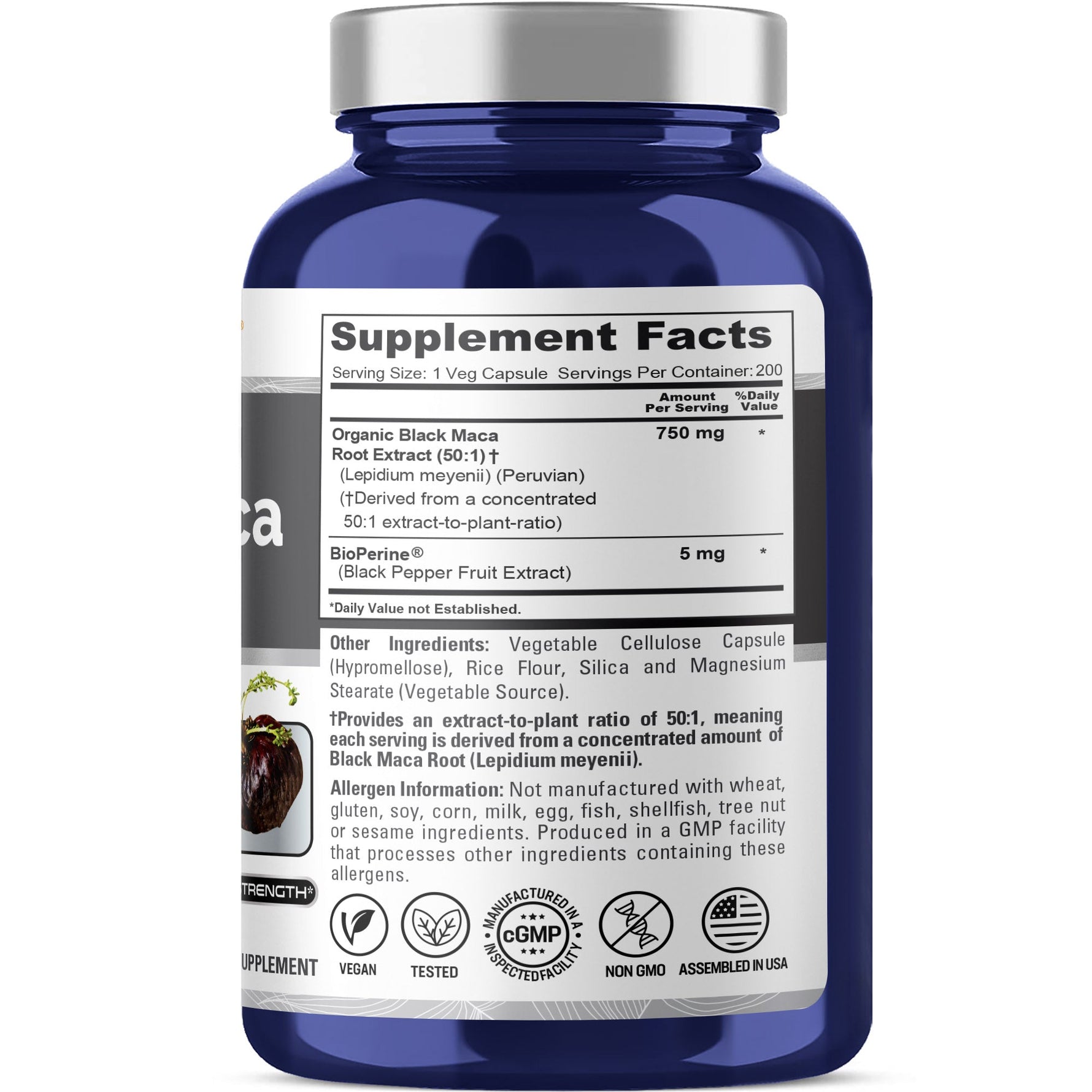 NusaPure Peruvian Black Maca Root Extract 750mg 50:1 - Suitable for Vegetarian/Vegan, Non - GMO - 37500 mg - 200 Capsules