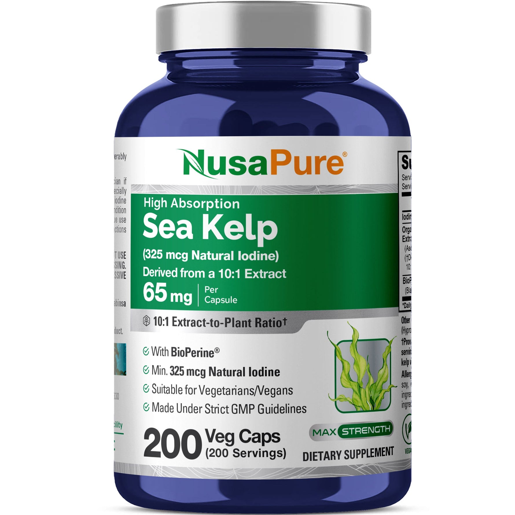 NusaPure Sea Kelp Natural Iodine 325mcg 10:1 Extract, 65 mg Capsule 200 Count (Non-GMO, Vegan)