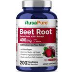 NusaPure Organic Beet Root 20:1 Extract, 400 mg - Black Pepper 4:1 Extract, 10 mg - 200 Veggie caps (Vegan, Non-GMO)
