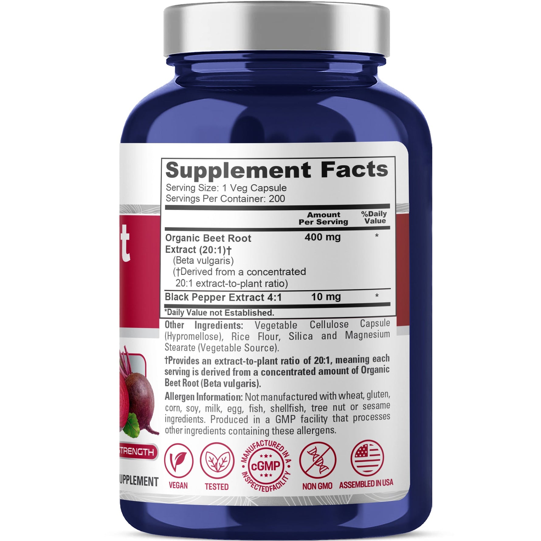 NusaPure Organic Beet Root 20:1 Extract, 400 mg - Black Pepper 4:1 Extract, 10 mg - 200 Veggie caps (Vegan, Non-GMO)