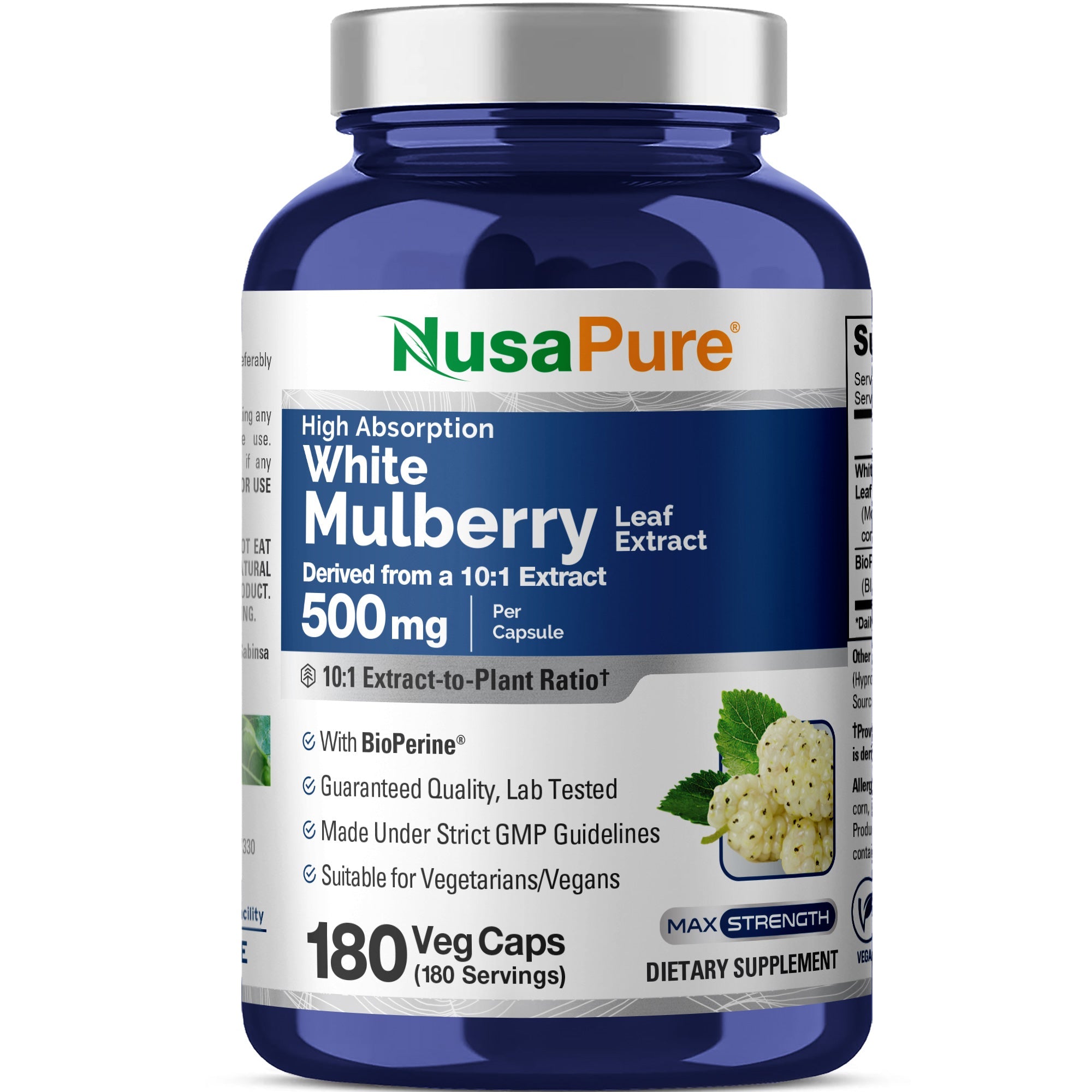 NusaPure White Mulberry Leaf Extract 10:1 Extract, 500 mg 180 Veggie Caps (Vegetarian, Bioperine)