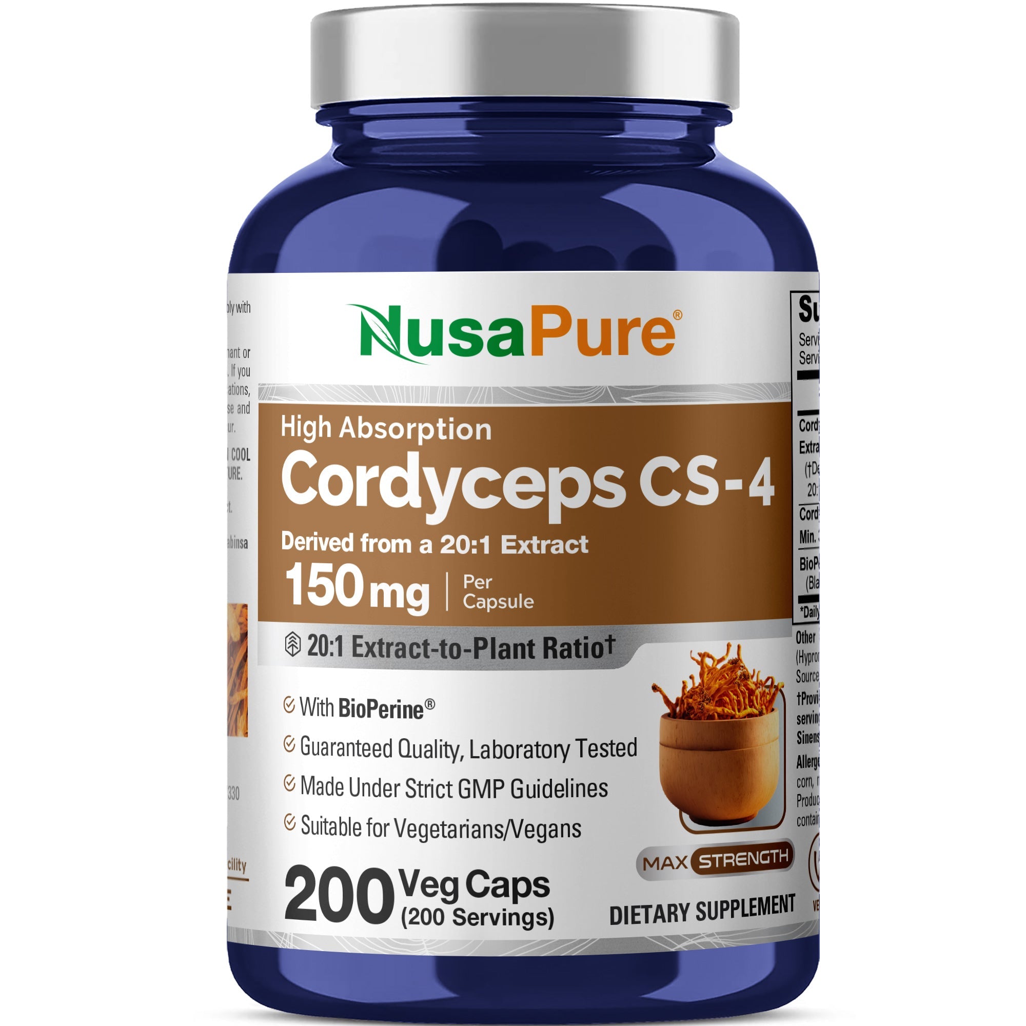 NusaPure Cordyceps 20:1 Extract, 150 mg 200 Veggie Capsules (Sinensis CS-4, Non-GMO, Vegan) Bioperine