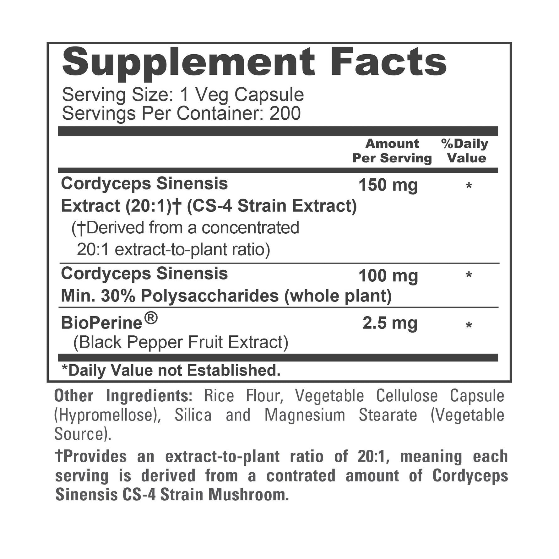 NusaPure Cordyceps 20:1 Extract, 150 mg 200 Veggie Capsules (Sinensis CS-4, Non-GMO, Vegan) Bioperine