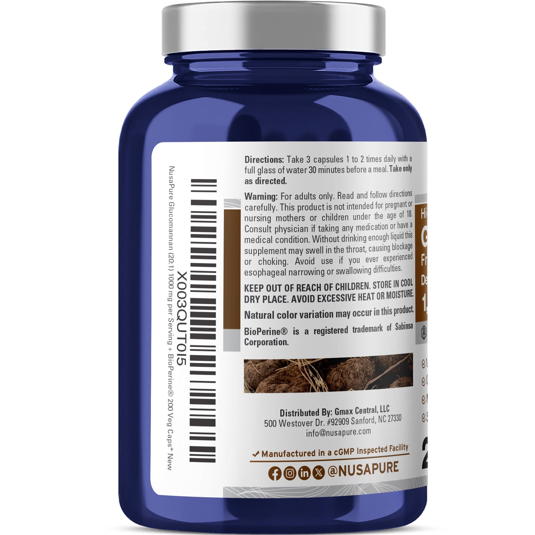 NusaPure Glucomannan 1,000 mg per Serving 200 VCaps (20:1 Extract, BioPerine Non-GMO, Vegan) Konjac Root