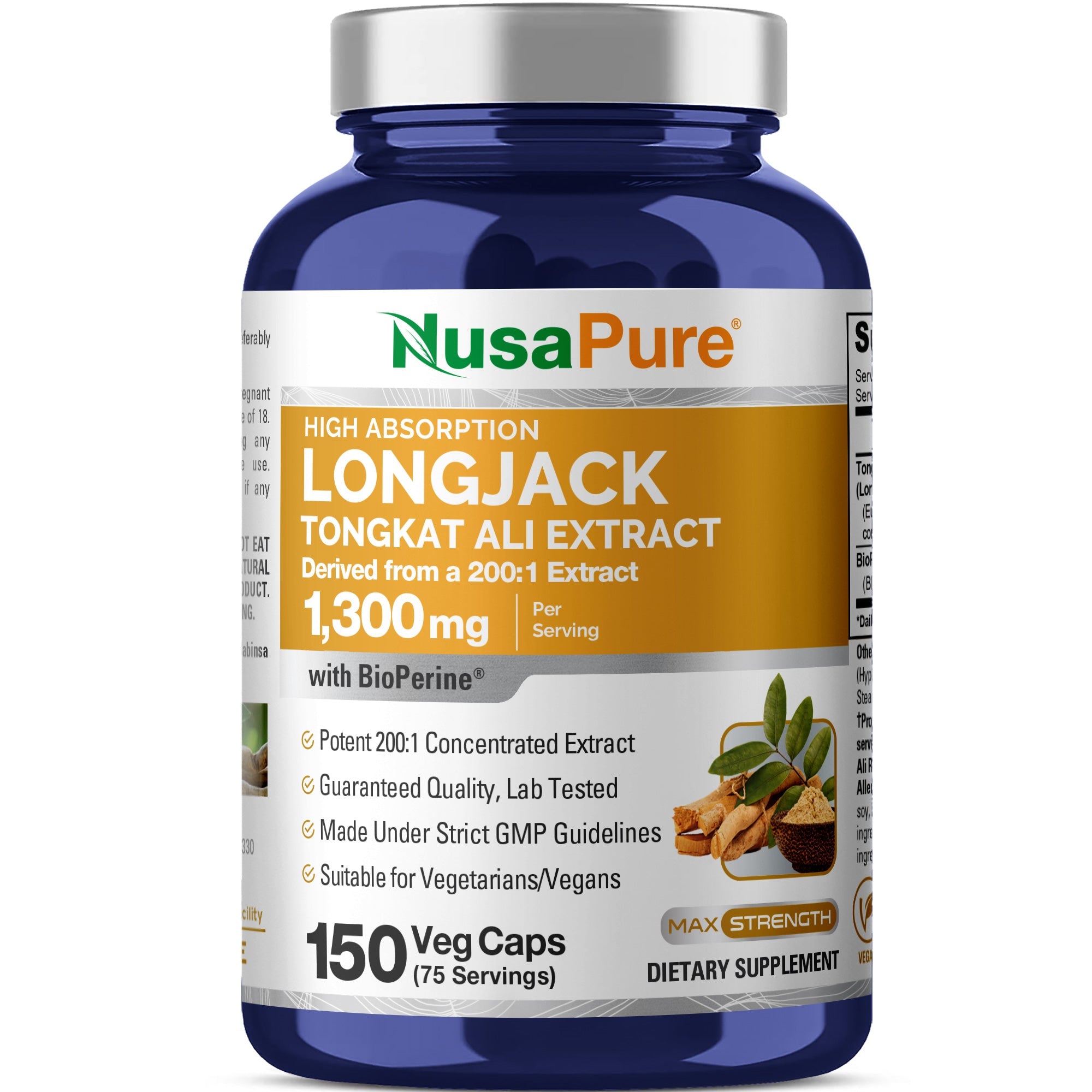 NusaPure Longjack Tongkat Ali 1,300mg 150 Veggie Caps (Non-GMO, Gluten Free) Bioperine
