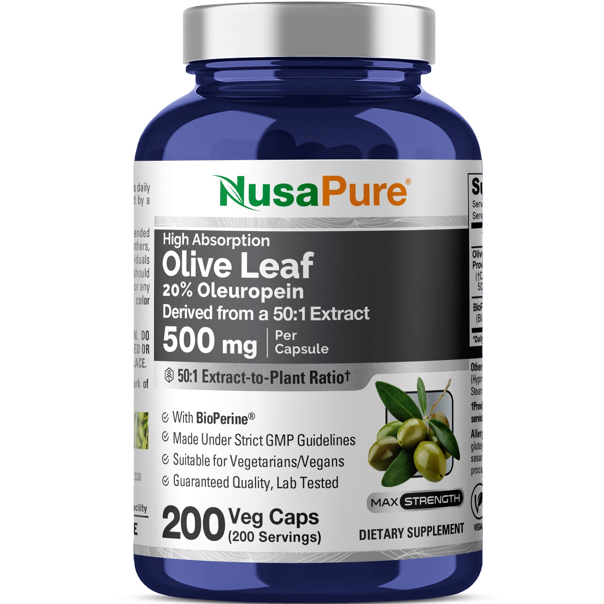 NusaPure Olive Leaf 20% Oleuropein 50:1 Extract, 500 mg 200 Veg Caps Suitable for Vegetarians and Vegans, Non-GMO