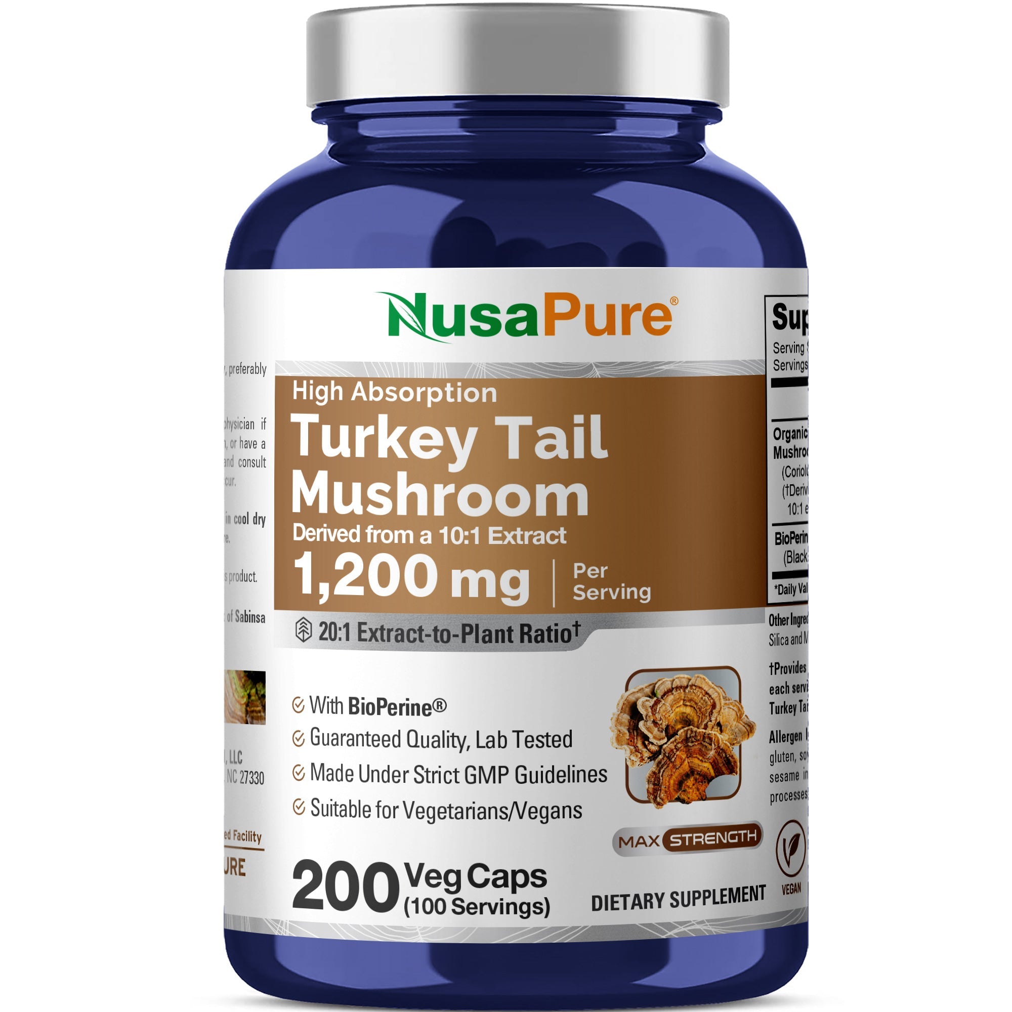 NusaPure Turkey Tail Mushroom Capsules, 10:1 Extract, 1200 mg, 200 Vcaps, Non-GMO, Gluten Free, Bioperine