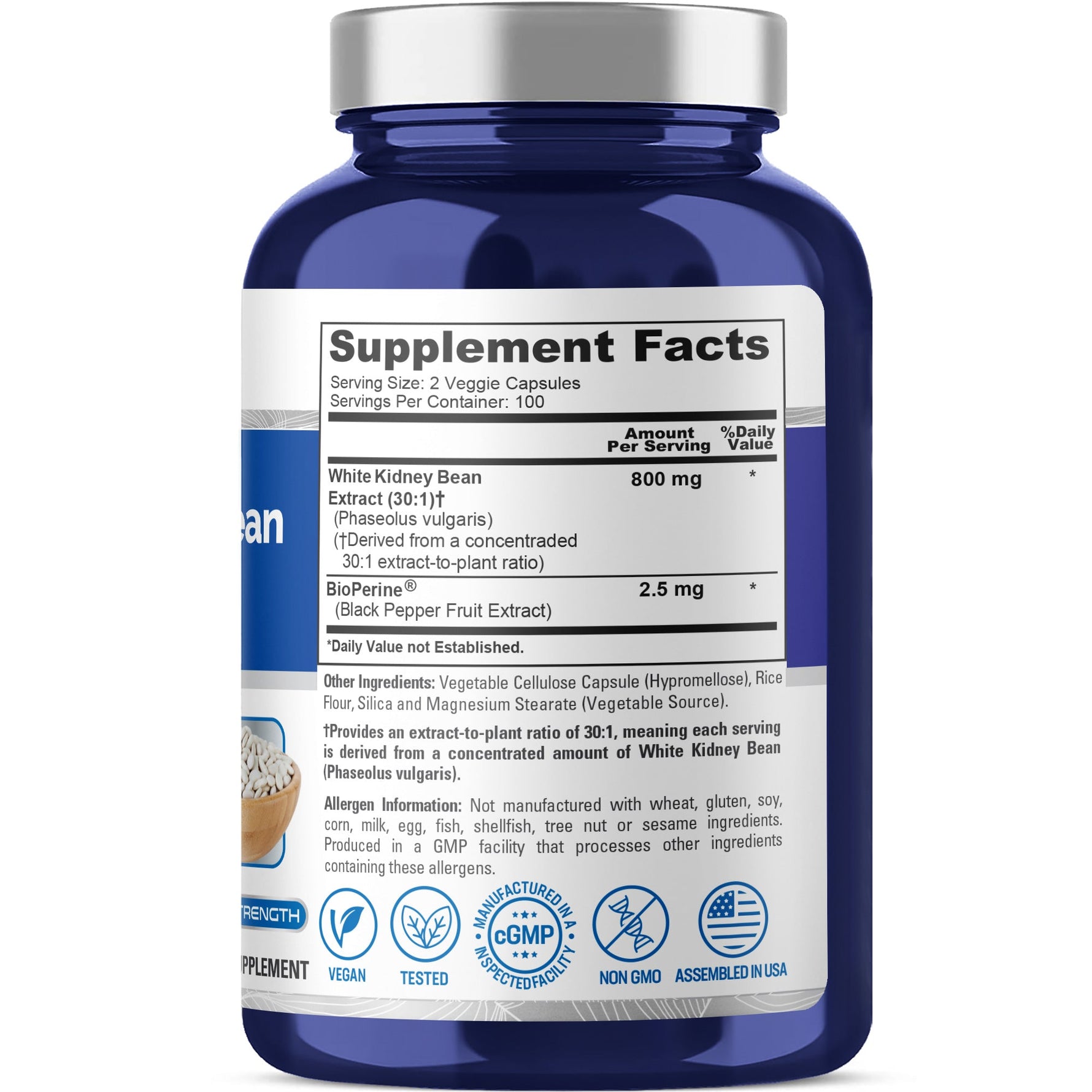 NusaPure White Kidney Beans 30:1 Extract, 800 mg 200 Vegan Capsules - Bioperine - (Vegan, Non-GMO)