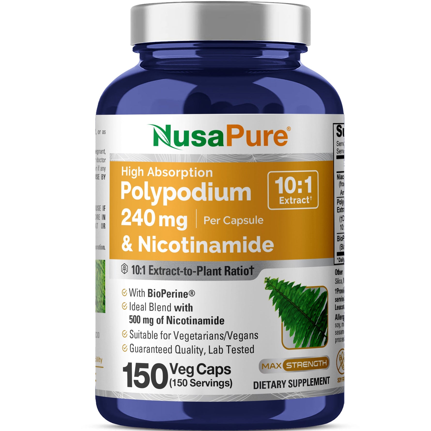 NusaPure Polypodium Nicotinamide 10:1 Extract, 240 mg per Veg Caps - 150 Count (Non-GMO, Soyfree, Bioperine)