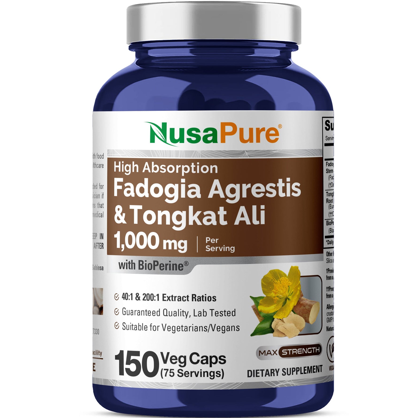 NusaPure Fadogia Agrestis 600mg + Tongkat Ali 400mg - 150 Veggie Caps - Non-GMO, Made in USA, Serving 2 VCaps, BioPerine