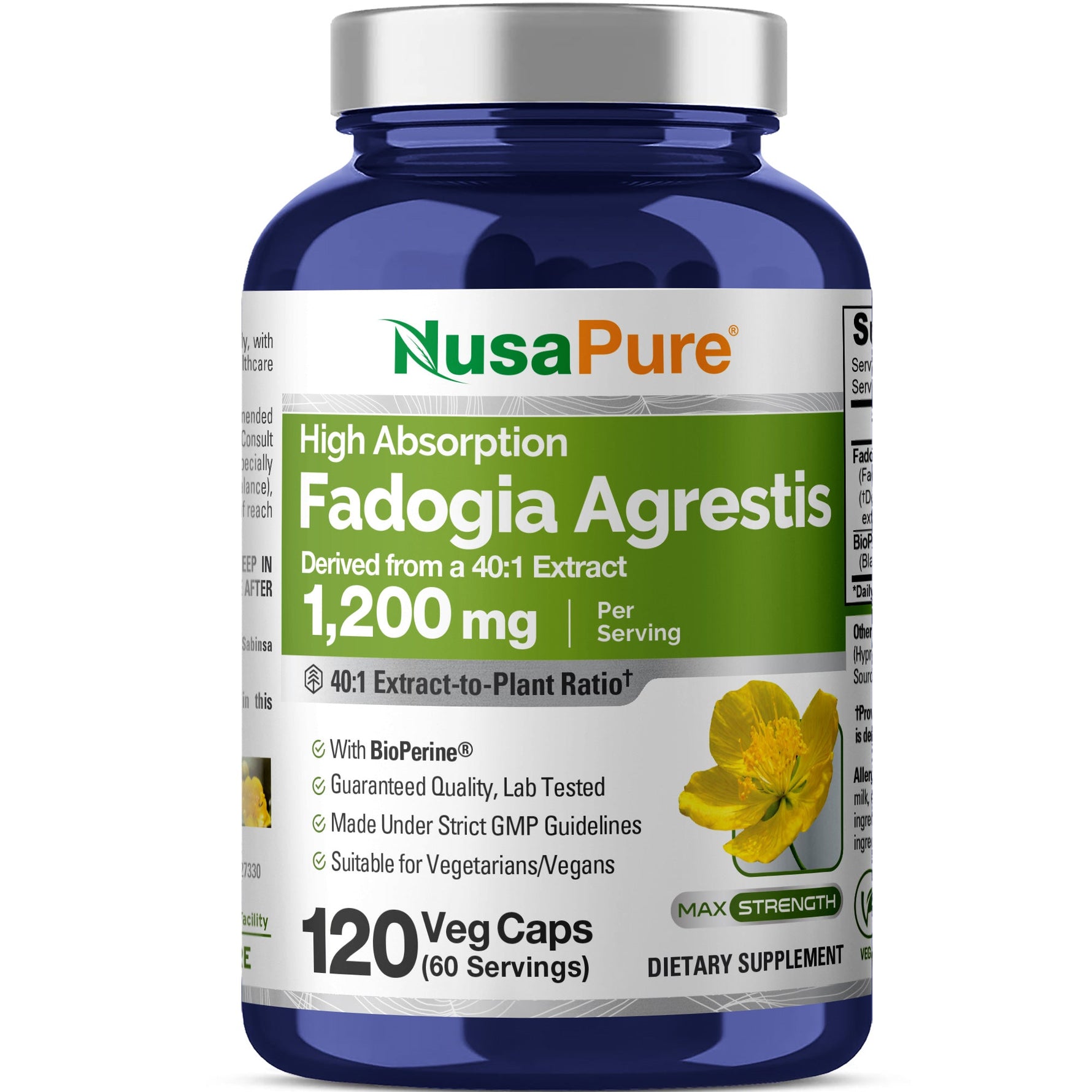 NusaPure Fadogia Agrestis 40:1 Extract, 1200 mg Per Serving 120 Vegan Capsules, GMO Free Supplement, Bioperine