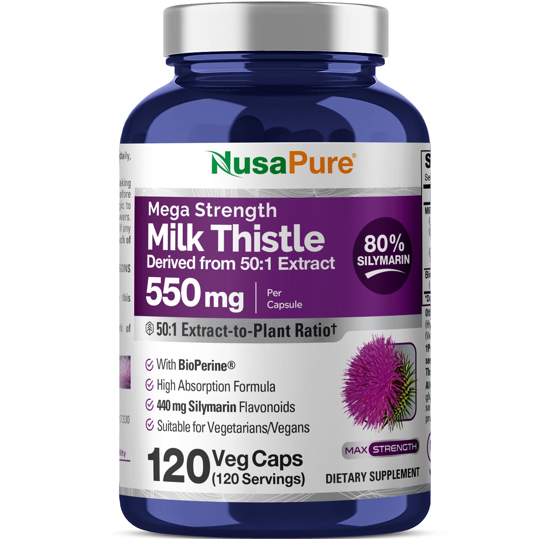 NusaPure Milk Thistle 50:1 Extract, 550 mg 120 Veggie Capsules Non-GMO, Vegan Max Strength - Standardized 80% Silymarin, Bioperine