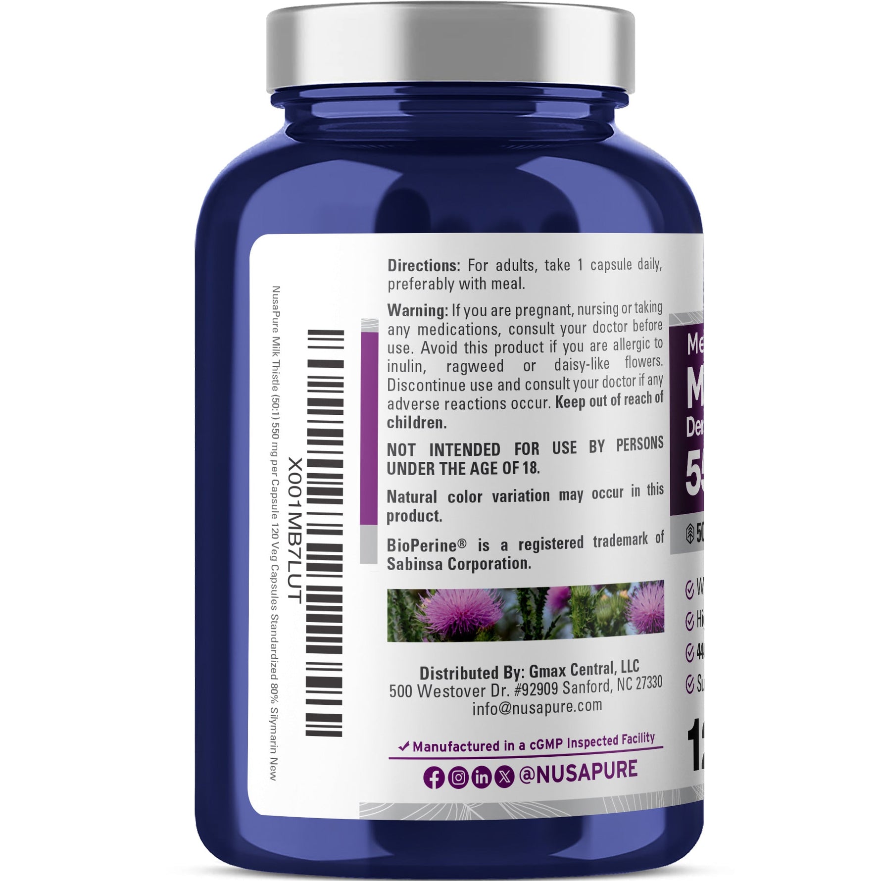 NusaPure Milk Thistle 50:1 Extract, 550 mg 120 Veggie Capsules Non-GMO, Vegan Max Strength - Standardized 80% Silymarin, Bioperine