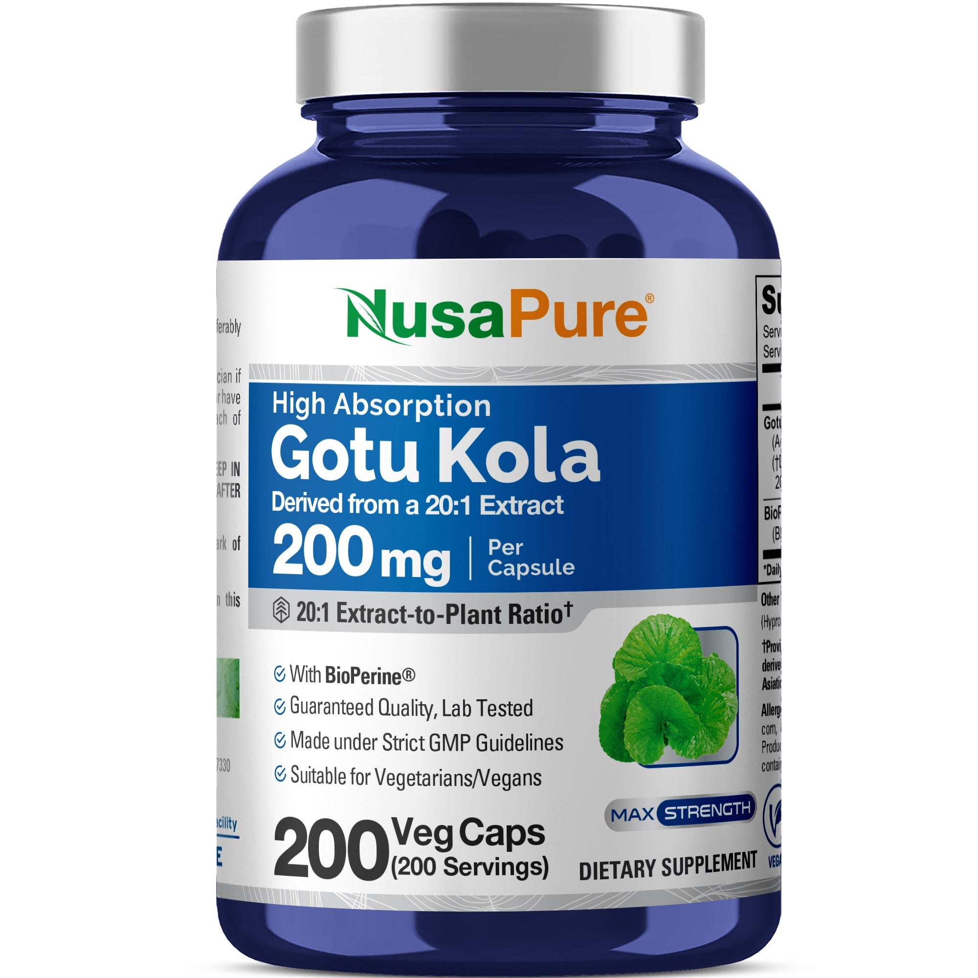 NusaPure Gotu Kola Capsules 20:1 Extract, 200 mg Per Veggie Caps, 200 Count, Non-GMO, Vegan, Bioperine - Traditional Herb Extract