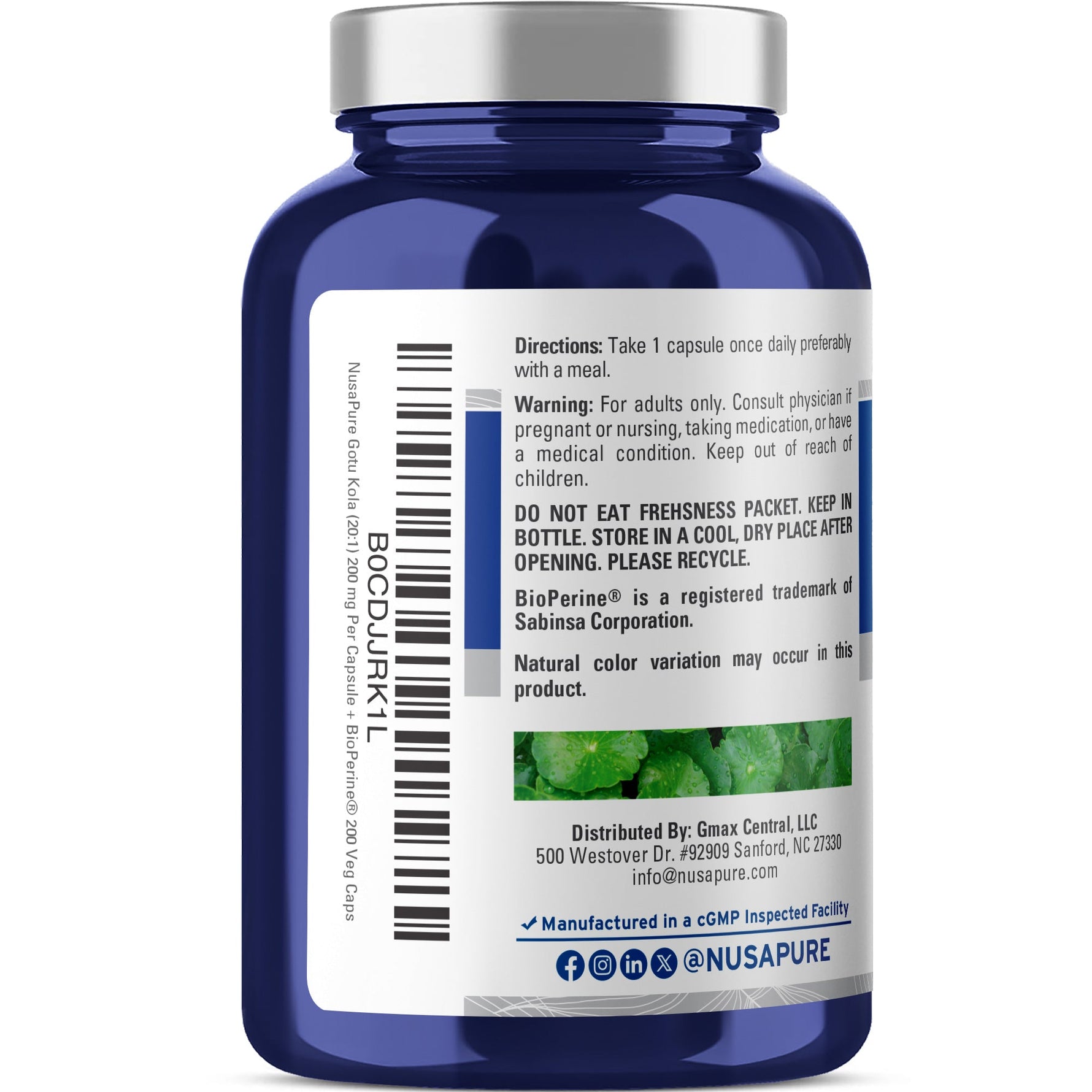 NusaPure Gotu Kola Capsules 20:1 Extract, 200 mg Per Veggie Caps, 200 Count, Non-GMO, Vegan, Bioperine - Traditional Herb Extract