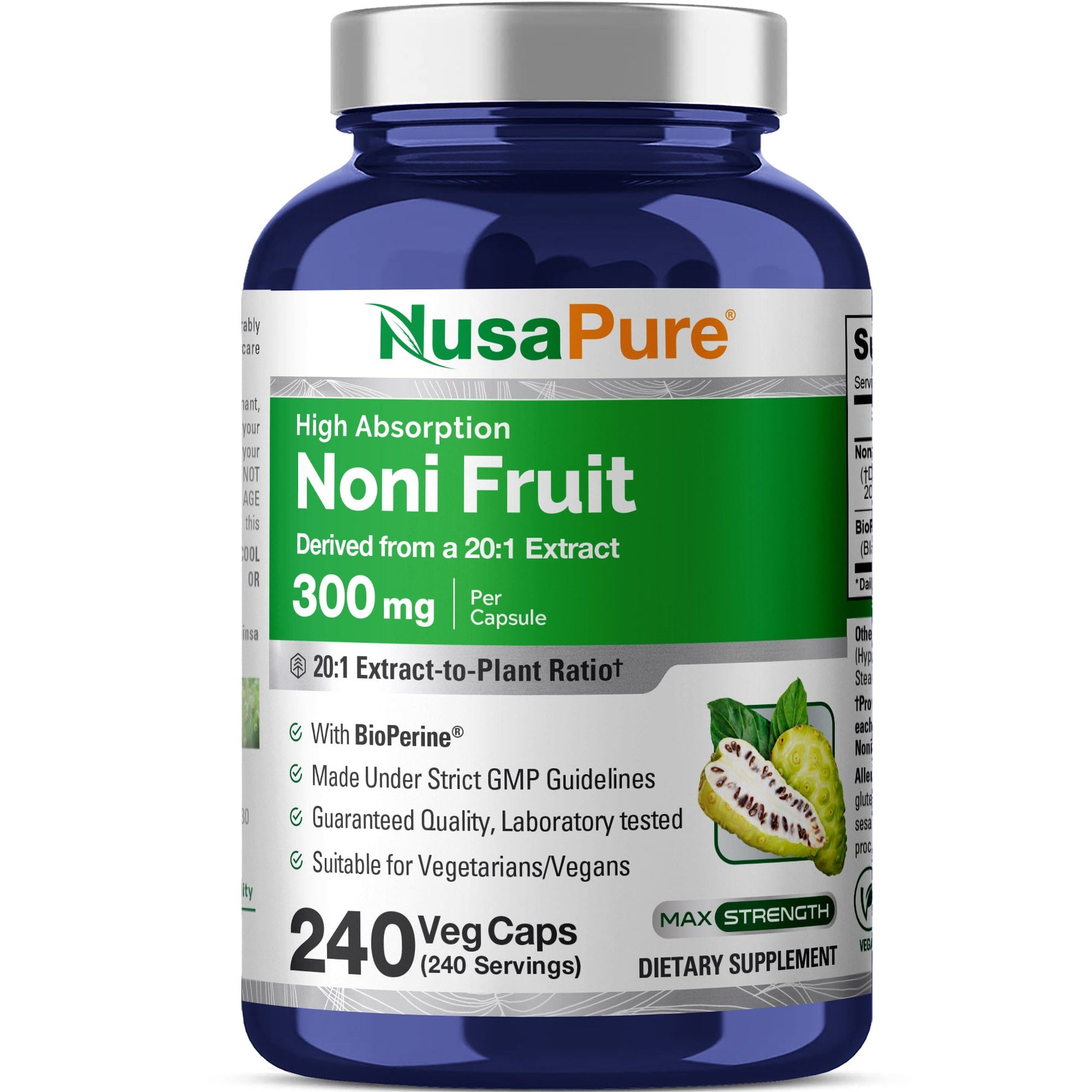 NusaPure Noni Fruit 20:1 Extract, 300 mg 240 Capsules Suitable for Vegetarian/Vegan, Non-GMO