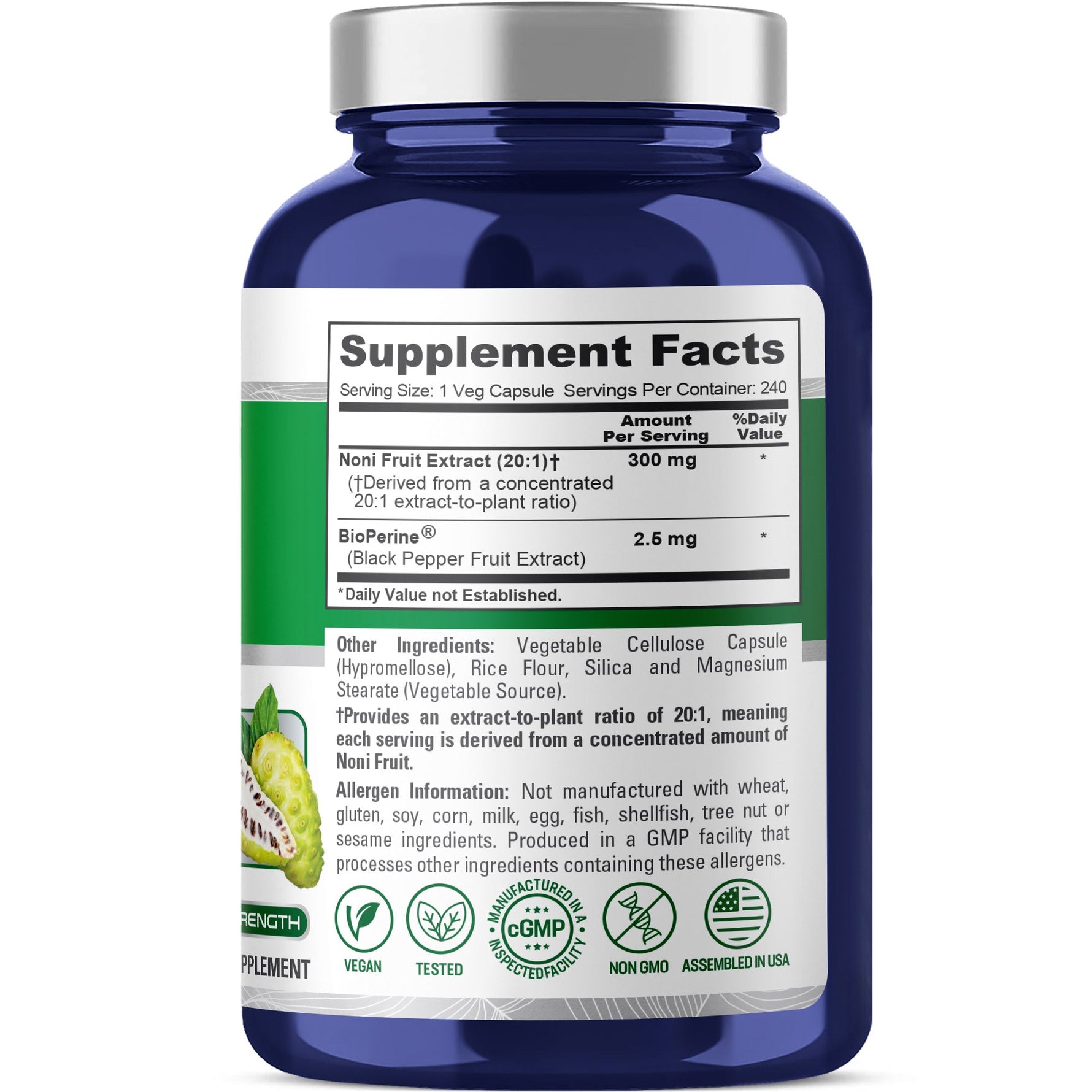 NusaPure Noni Fruit 20:1 Extract, 300 mg 240 Capsules Suitable for Vegetarian/Vegan, Non-GMO