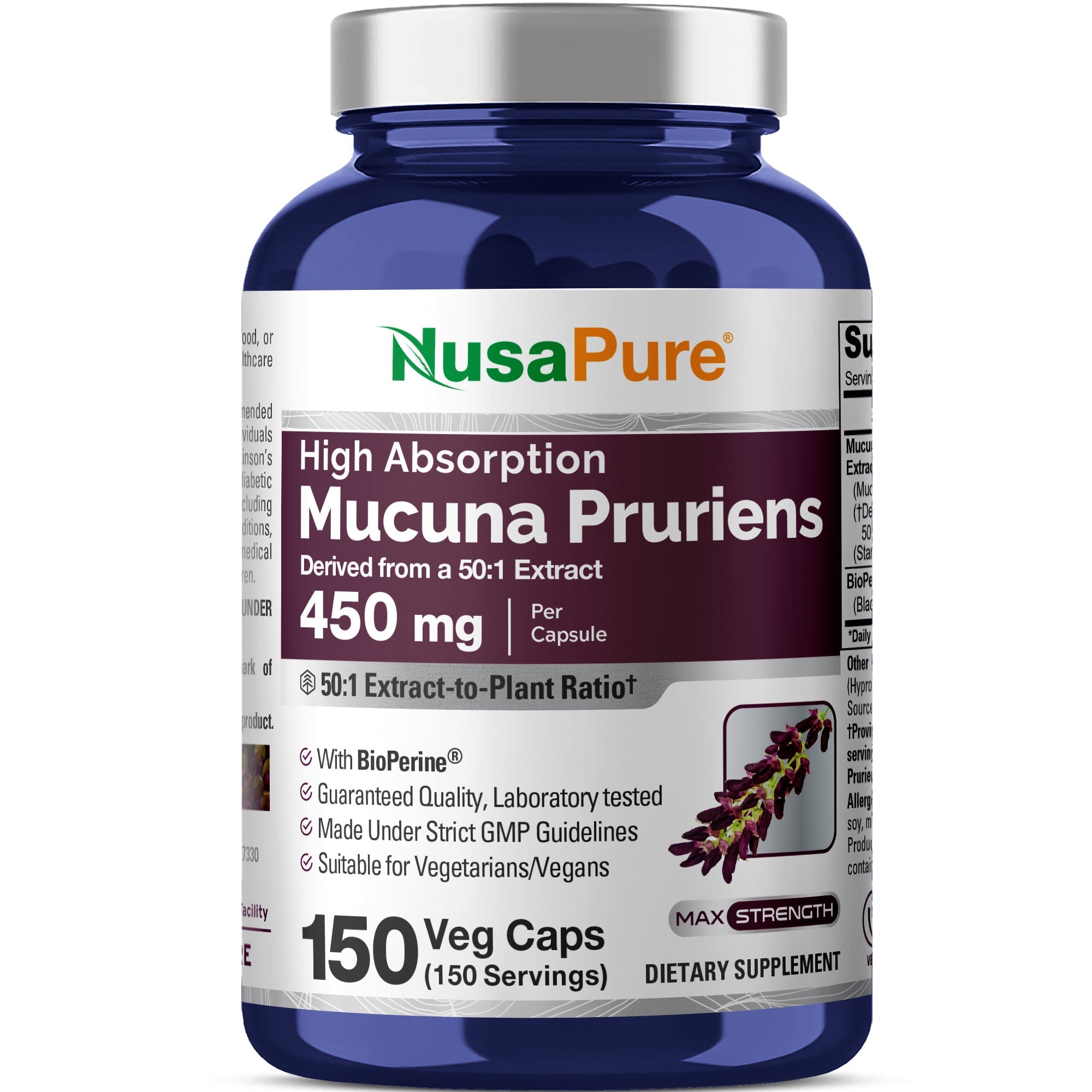 NusaPure Mucuna Pruriens 50:1 Extract, 450 mg 150 Veggie Caps (Non-GMO, Gluten Free, & Bio-Perine)