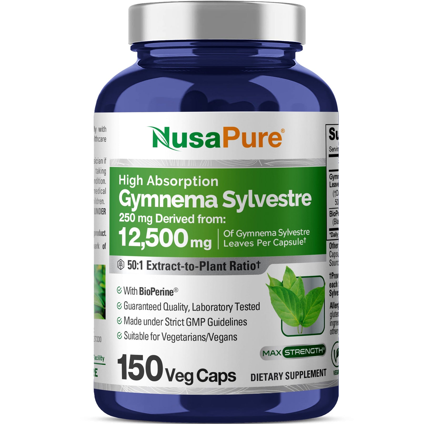 NusaPure Gymnema Sylvestre 50:1 Extract, 250 mg Per Vegan Caps - 150 Count (Non-GMO, Vegan, Bioperine)