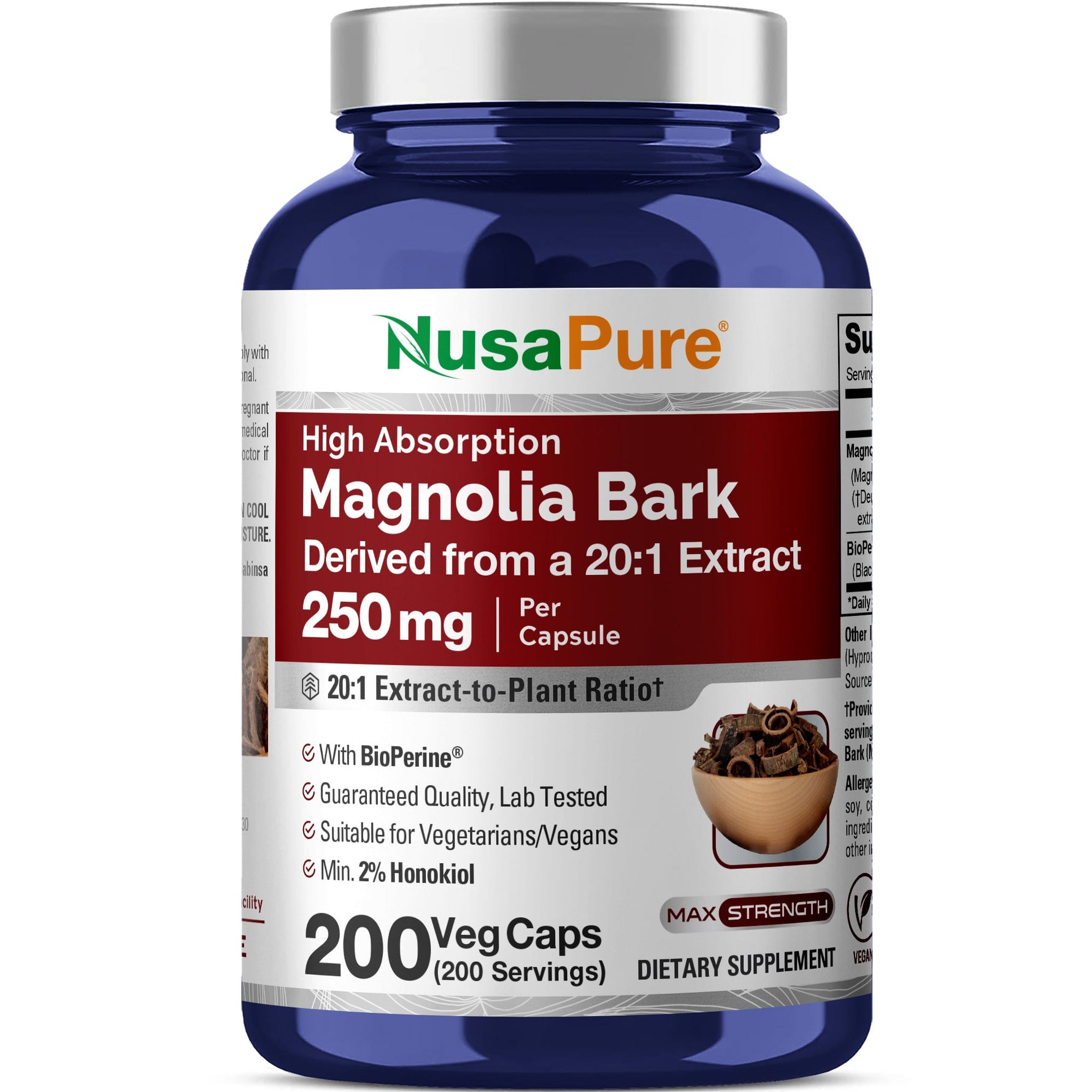 NusaPure Magnolia Bark 20:1 Extract, 250 mg 200 Vegan Vegetarian Capsules Non-GMO