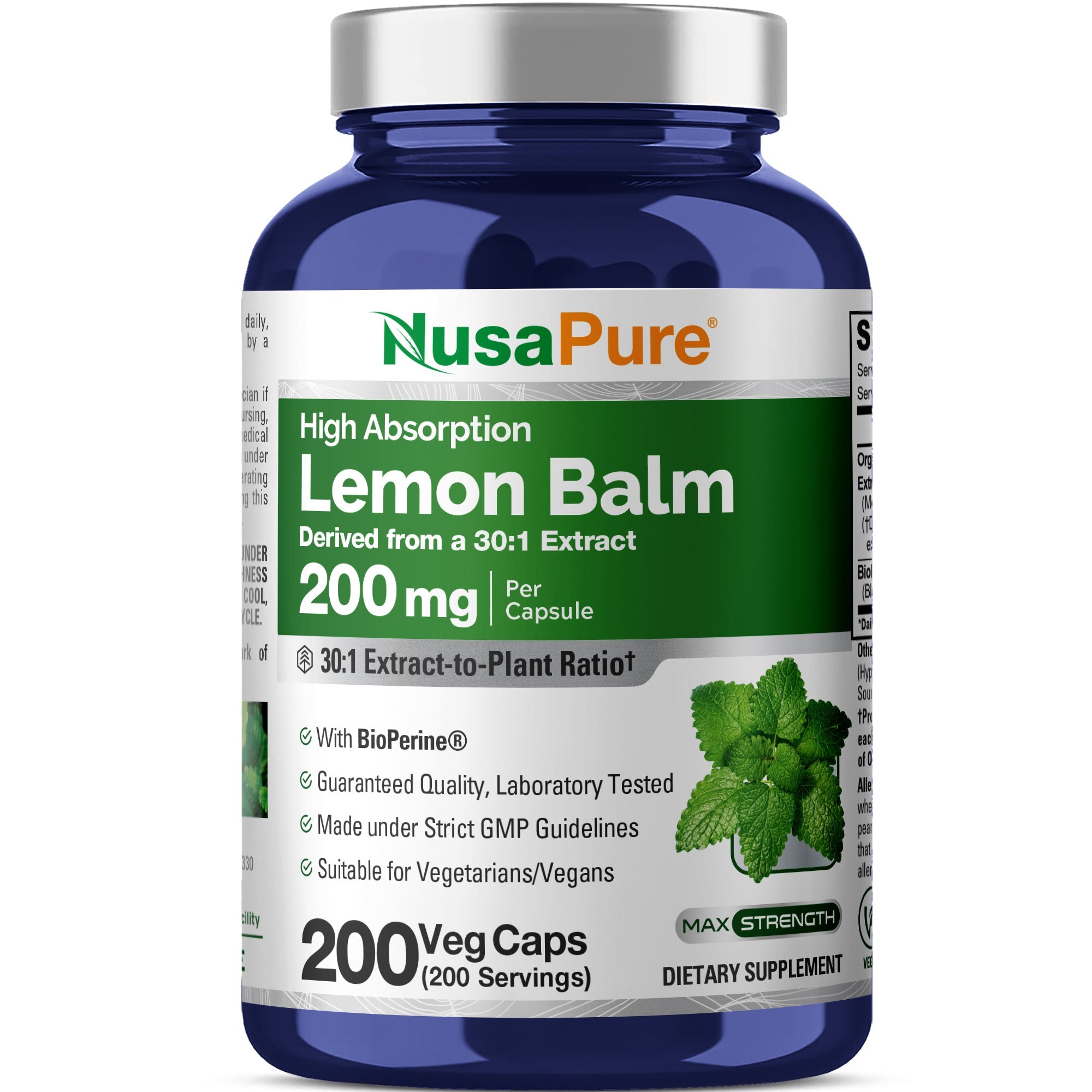 NusaPure Lemon Balm 30:1 Extract, 200 mg Per Vegan Caps - 200 Count Non-GMO, Vegan Bioperine