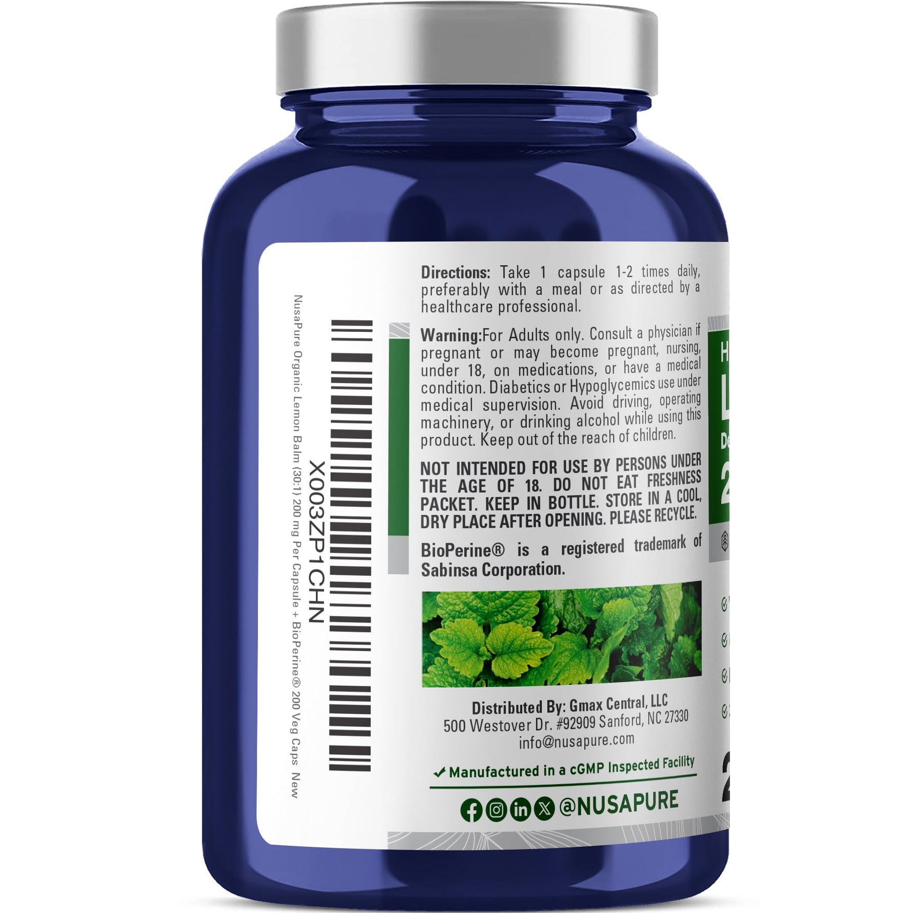 NusaPure Lemon Balm 30:1 Extract, 200 mg Per Vegan Caps - 200 Count Non-GMO, Vegan Bioperine