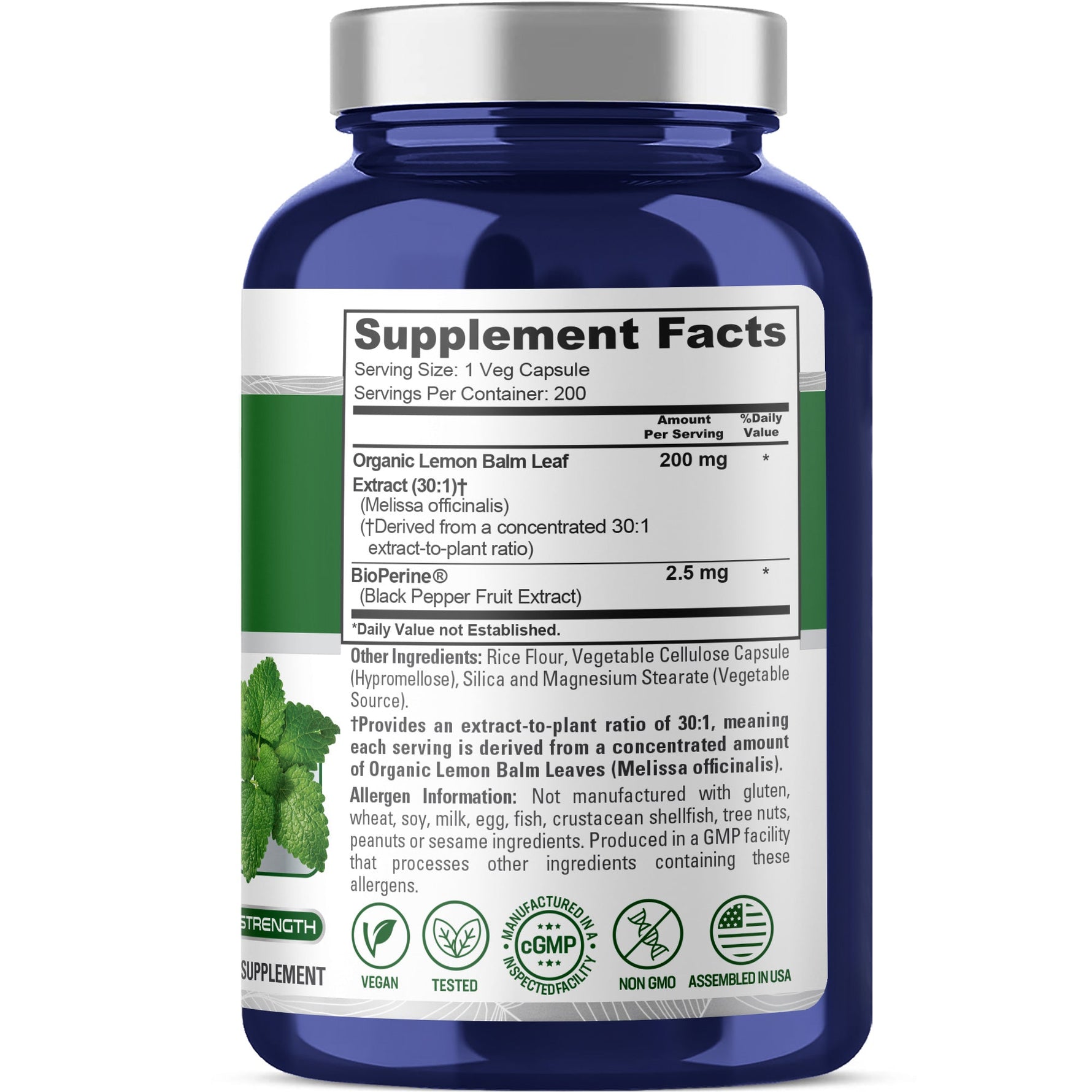 NusaPure Lemon Balm 30:1 Extract, 200 mg Per Vegan Caps - 200 Count Non-GMO, Vegan Bioperine