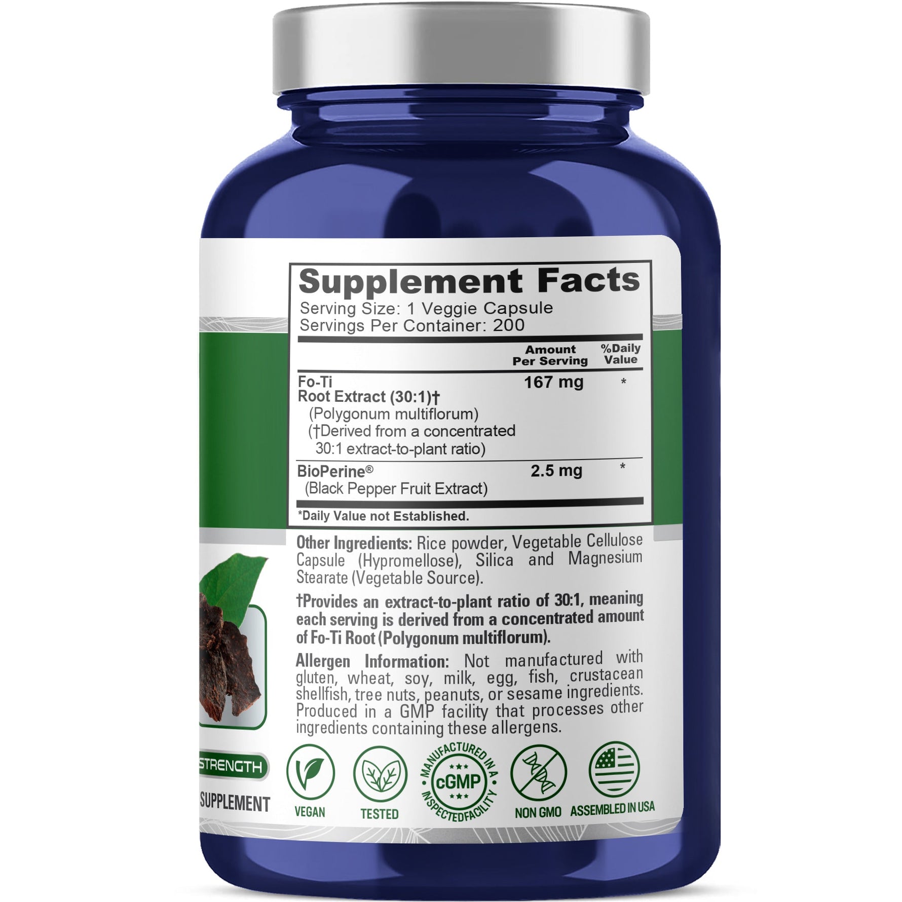 NusaPure Fo-Ti 30:1 Extract, 167 mg per Veg Caps, 200 Count, Non-GMO, Vegan, Bioperine