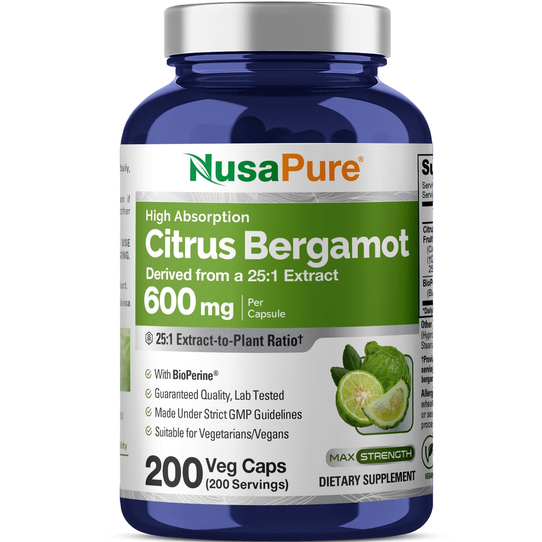 NusaPure Citrus Bergamot Capsules 600mg, 200 Capsules - 25:1 Bergamot Extract - 200 Servings, Bioperine, Vegan, Non-GMO
