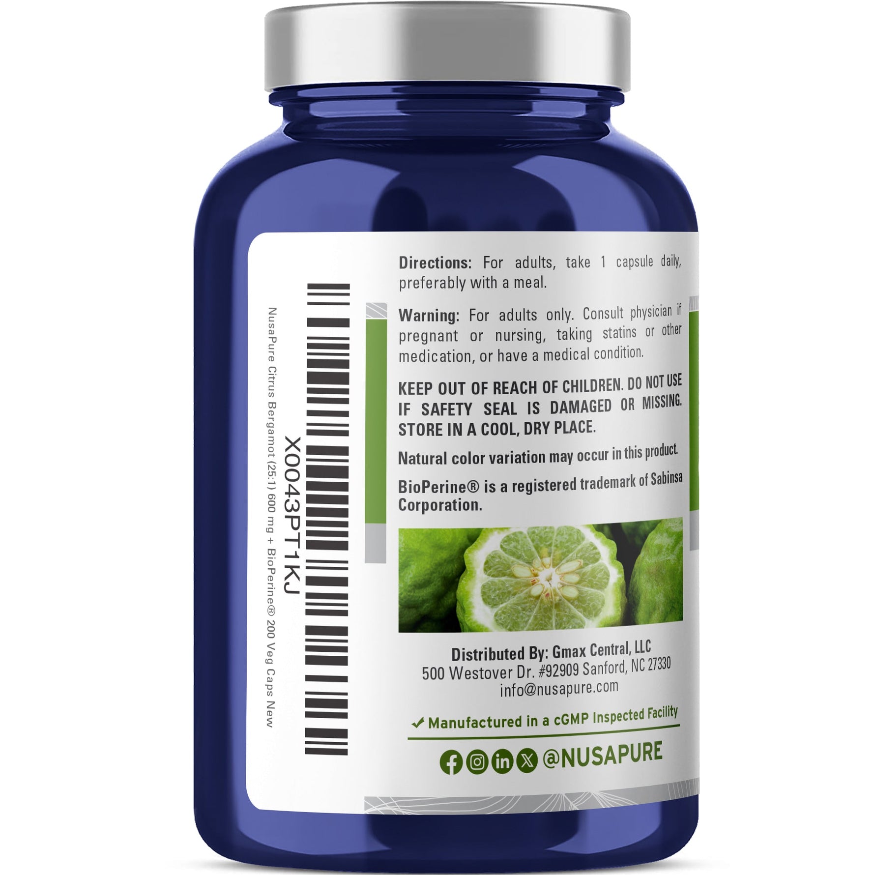 NusaPure Citrus Bergamot Capsules 600mg, 200 Capsules - 25:1 Bergamot Extract - 200 Servings, Bioperine, Vegan, Non-GMO